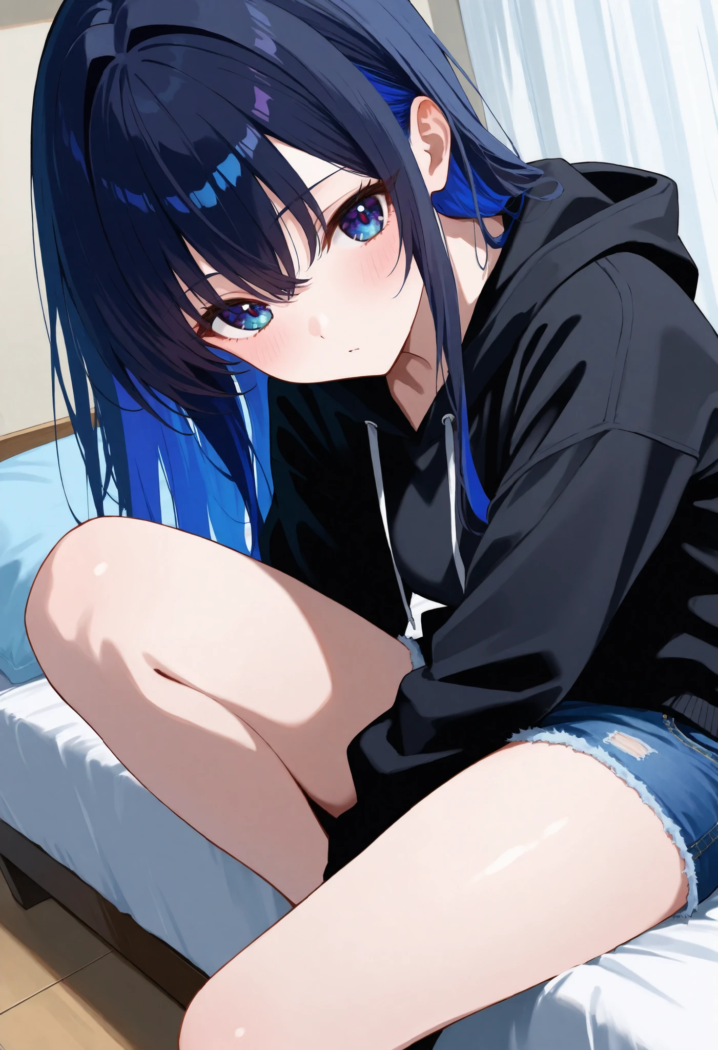 Woman, black hair, long hair, blue and violet highlights, bangs, blue eyes very detailed, squinting eyes, grey oversized sweatshirt, black shorts. Sitting on a bed, a simple room in the background, looking at her cell phone.