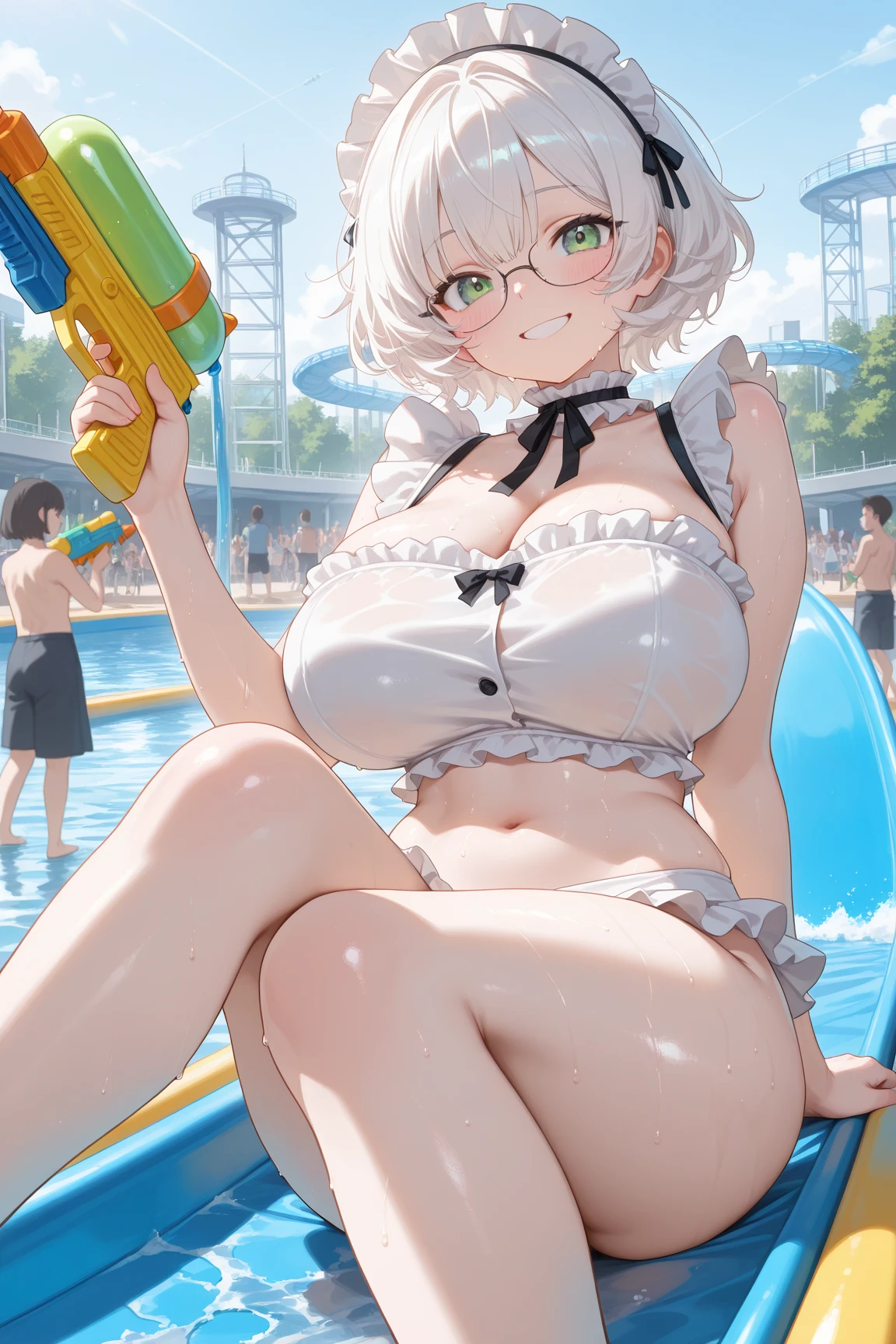 ((Masterpiece)), ((Best Quality)), (Very Detailed), ((Very Detailed)), 4K, (8K), very aesthetic, absurdres highres, 1girl, (anthropomorphic rabbit, furry, kemono:1.8), breasts, swimsuit, bikini, solo, grey hair, black bikini, (water gun:1.8), navel, choker, black choker, cleavage, thigh strap, outdoors, looking at viewer, smile, large breasts, side-tie bikini bottom, tail, day, rabbit girl, blue eyes, open mouth, water, wet, ass visible through thighs, stomach, thigh gap, sky, holding, cowboy shot, sunlight, bare shoulders, collarbone, blush, ocean, blue sky, halterneck, jewelry, thighs, leaning forward, cloud, armpits, pendant, standing,
