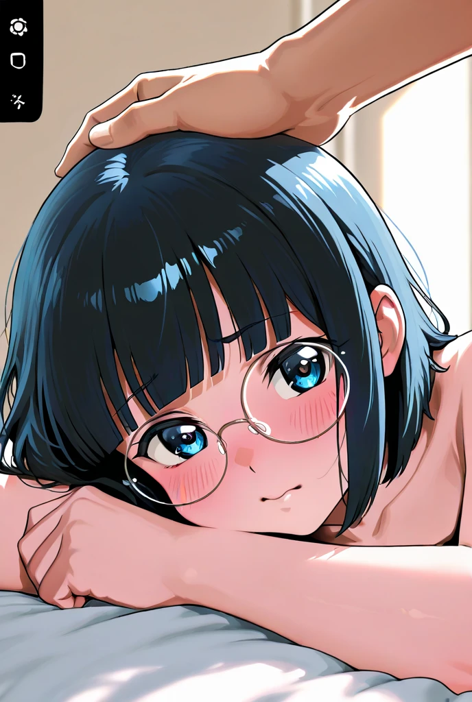 masterpiece, super fine illustration, best quality, light particles, ultra-detailed, 8K, (bright colors:1.2), young girl,[official art],akane_asahina,over-rim eyewear,((very short hair)),(hairclip),((forehead,side part hairstyle)),black hair,small breasts,short torso,, shiny skin, oily skin,navel,(nude),nipple,(closed eyes, orgasm face), open mouth,ecstasy,blush, (man:1.3), (vaginal penis), hetero, (lying:1.4), (girl spread legs:1.4), (intense Sex:1.6),((girl raise a ass)) (cum out), (bedroom), sunlight, nsfw, (pov),GoodHands-vanilla,