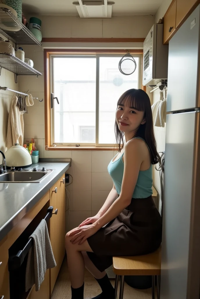 Naked woman in kitchen, about 23 years old, Japanese beautiful girl, cute wife, naked, pretty, beautiful, 8k high quality color, smiling, best quality, naked, beautiful naked.