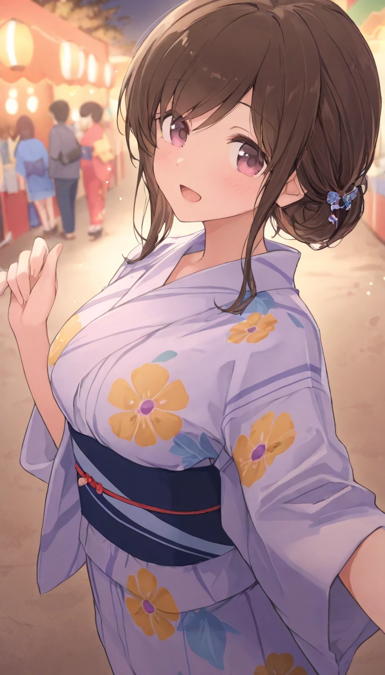 Angle from behind、Brown hair braided down twin tails、Candy apples、Elementary school girl、Summer festival、color々Location、fidgety、Candy applesにキス、Smiling and drooling、Small breasts sway、shake、shake、Open-chested yukata、Browsing Caution、