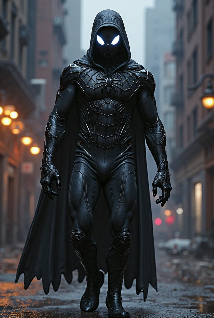 Create an image of an 18-20 year old male superhero in a bold, eye-catching black costume. The suit should cover his entire face , with sleek, modern design elements. The costume should be entirely black, with striking accents and textures to enhance its visual impact. Self made