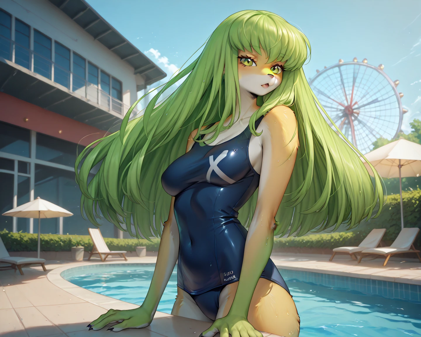 masterpiece, best quality, highly detailed c.c., code geass, green hair, very long hair, wavy hair, orange eyes, detailed eyes, medium breast, ass, ashford academy swimsuit, full body, intense angle, mksks style, beautiful background, professional lightning, indoor, pool,
<lora:TsumasakyCCCodeGeass_v1:1><lora:epiNoiseoffset_v2:1>