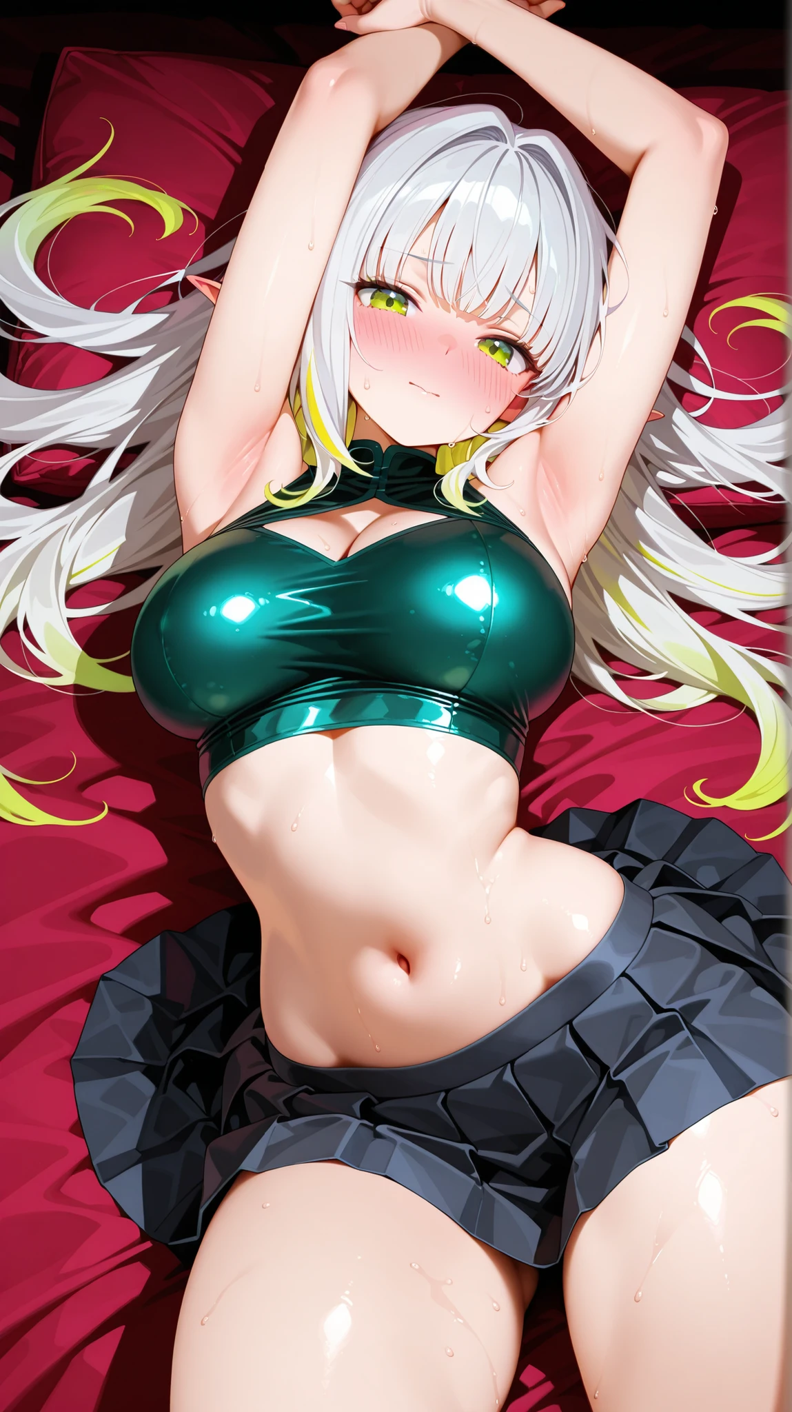 (masterpiece, best quality), best resolution, (3heads:1.5), 1girl, white hair, eyes closed, open mouth, breathing heavily, exhausted, satisfied, naked, lying on back, from above, black background