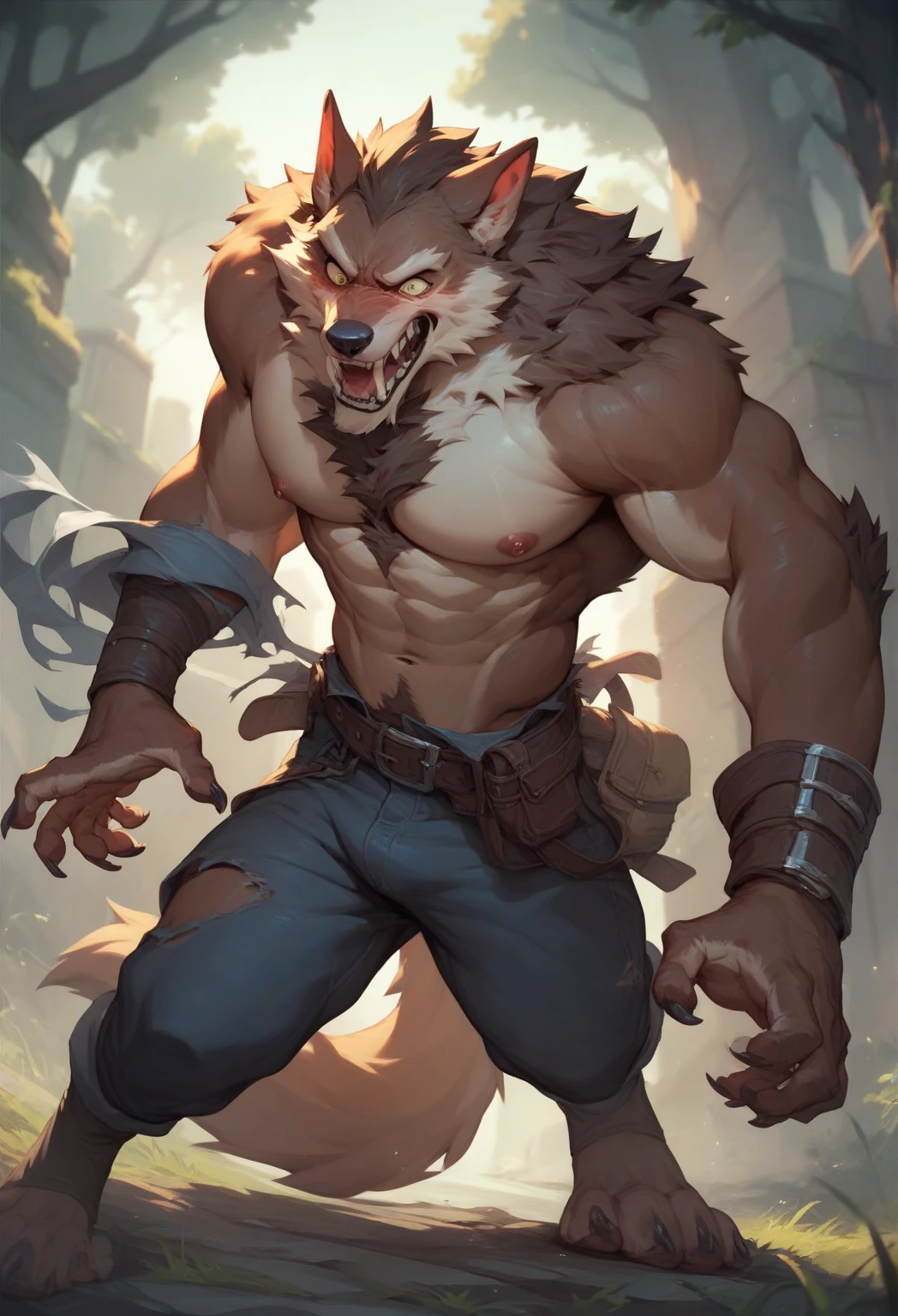 Male werewolf, comic style, illustration, alone, ABS, Pecs, concentrated expression, male body, masterpiece, Best Art, whole body, digitigrade, by ouna, by violinist taran, Ripped jeans, broken shirt, Detailed hands, high, detailed eyes, big tail, detailed torso, forest, expression of pain, transformation, looking at the hands, squatting posture , open legs, Red eyes
