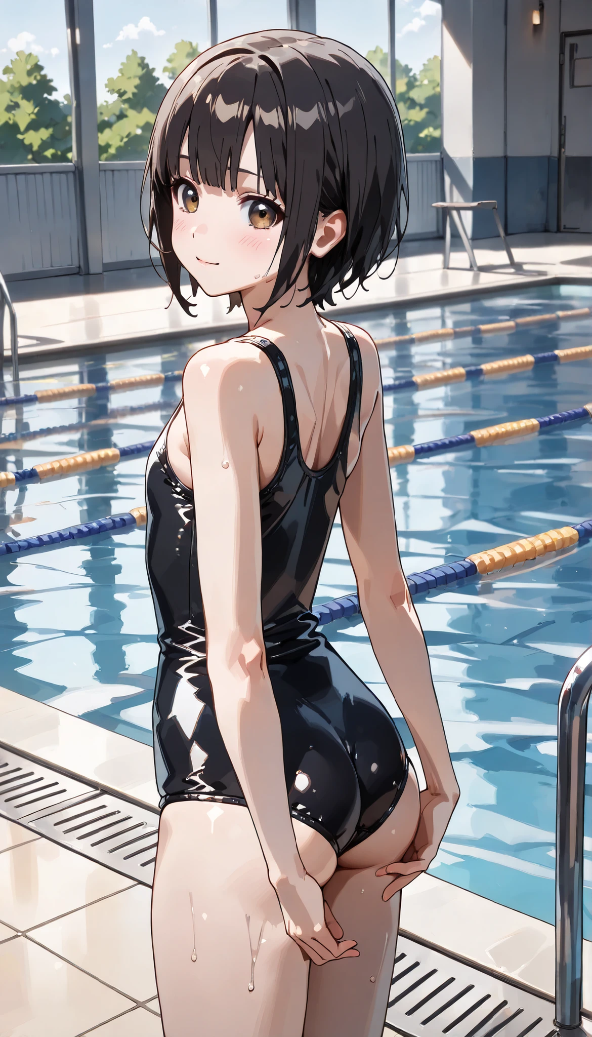 View your viewers,
Black Hair,(Tied Hair,Blunt bangs:1.2), Small breasts,
((School Swimsuit)), Backwards、look back、(Highest quality:1.3),One girl、Pool