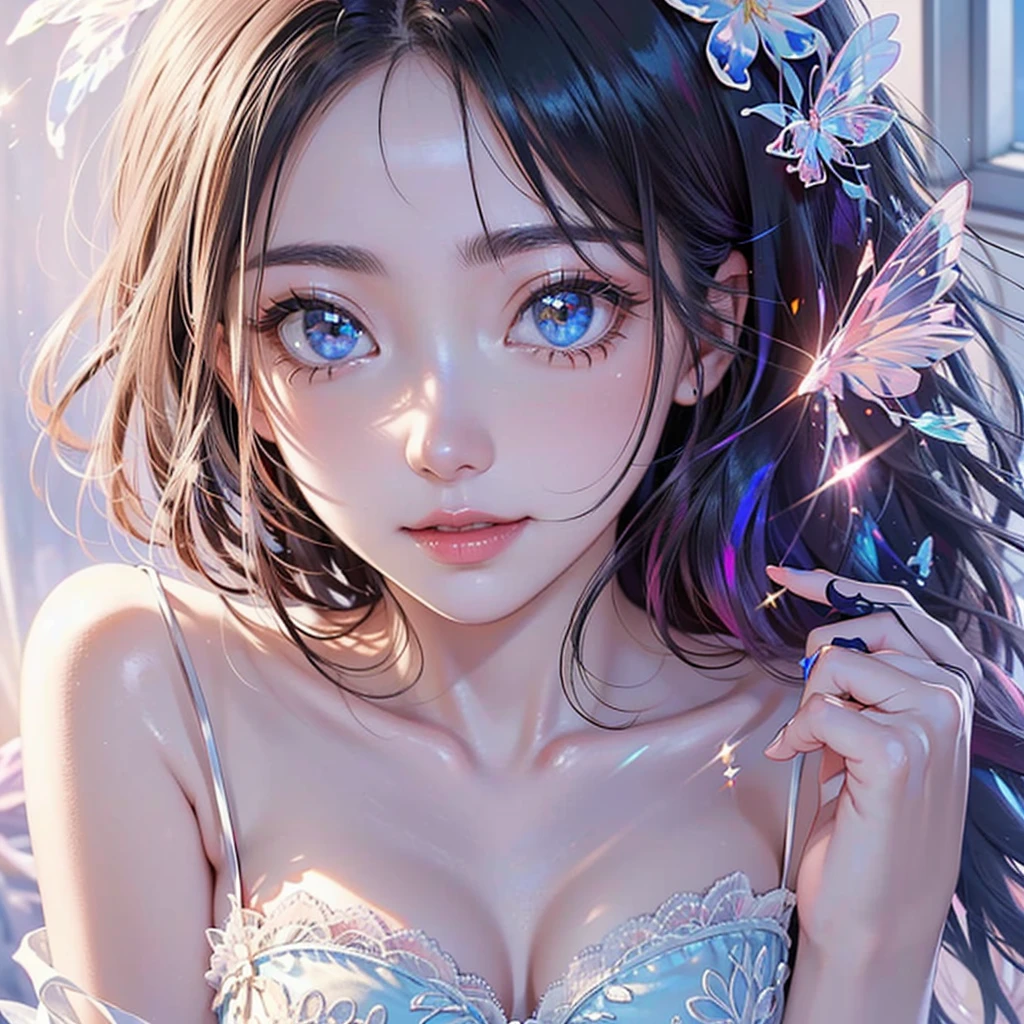 Beautiful girl story wrapped in love, Beautiful eye details, A captivating anime girl gracefully emerges from the pages of a watercolor painting, Her vivid and complex colors are, Bring your artwork to life, (see-through transparent clothes, Transparent costume:1.5), She dons an extraordinary fantasy costume adorned with delicate details, reflecting the enchanting world she inhabits, Luminescent elements, like glowing crystals and ethereal wisps, surround her, casting a soft, otherworldly glow,  The style of watercolor painting is、Imbues the image with a sense of fluidity and delicacy, as if the colors are effortlessly blending and bleeding into one another, Camera shot: medium shot, Soft Focus, luminescent glow Lighting, watercolor brushstrokes, Sophisticated and very delicate anime illustration, unique colors, Portrait of an anime girl, infinite love, Irridescent color,  beautiful girl illuminated by seven colors of light,