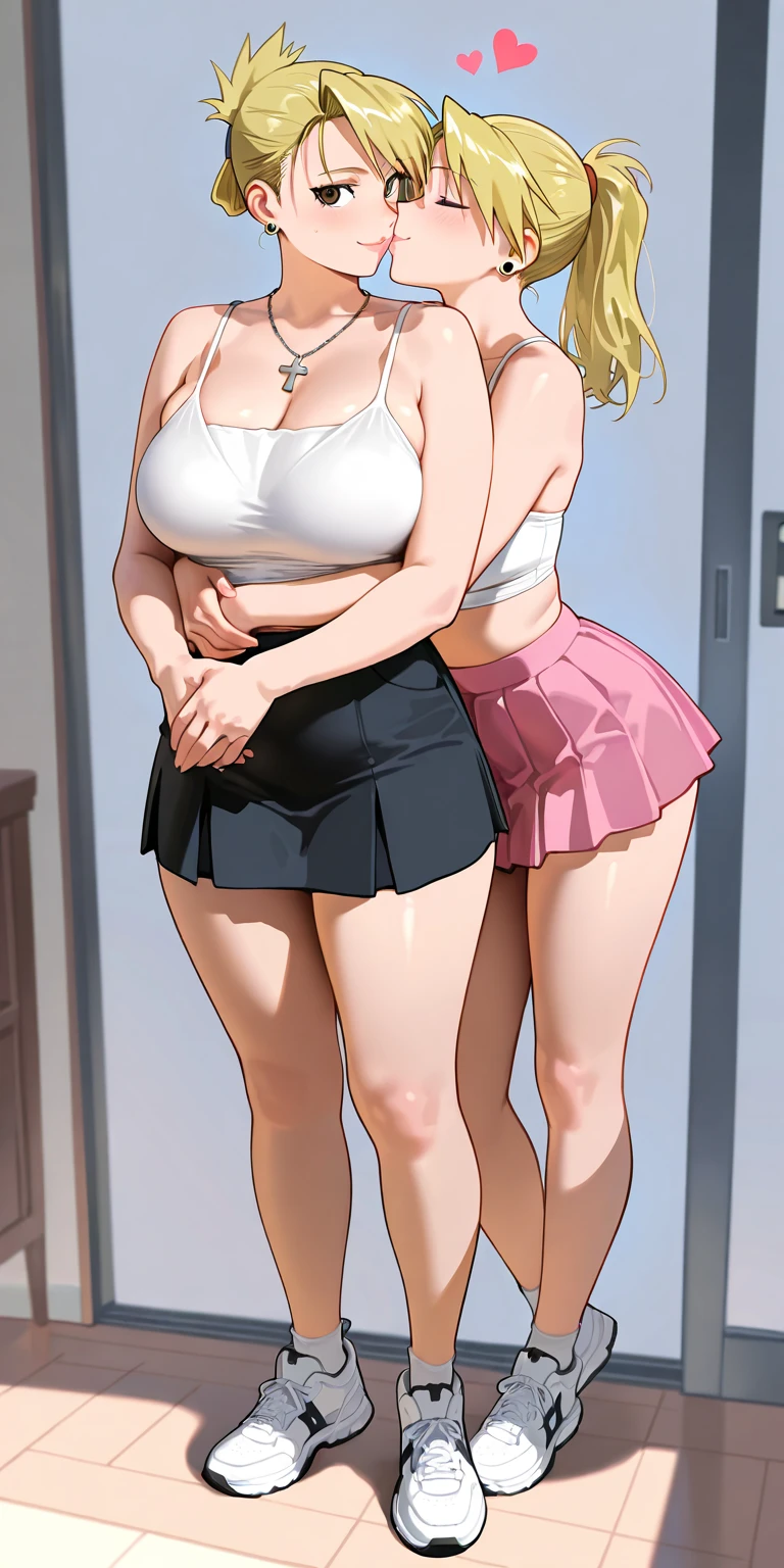 ((ManbagiRumiko)), masterpiece, best quality, absurdres, 1girl, looking at viewer, standing, classroom, cowboy shot, , white shirt, red skirt, side ponytail, open mouth, smile, v, tanned skin, cleavage