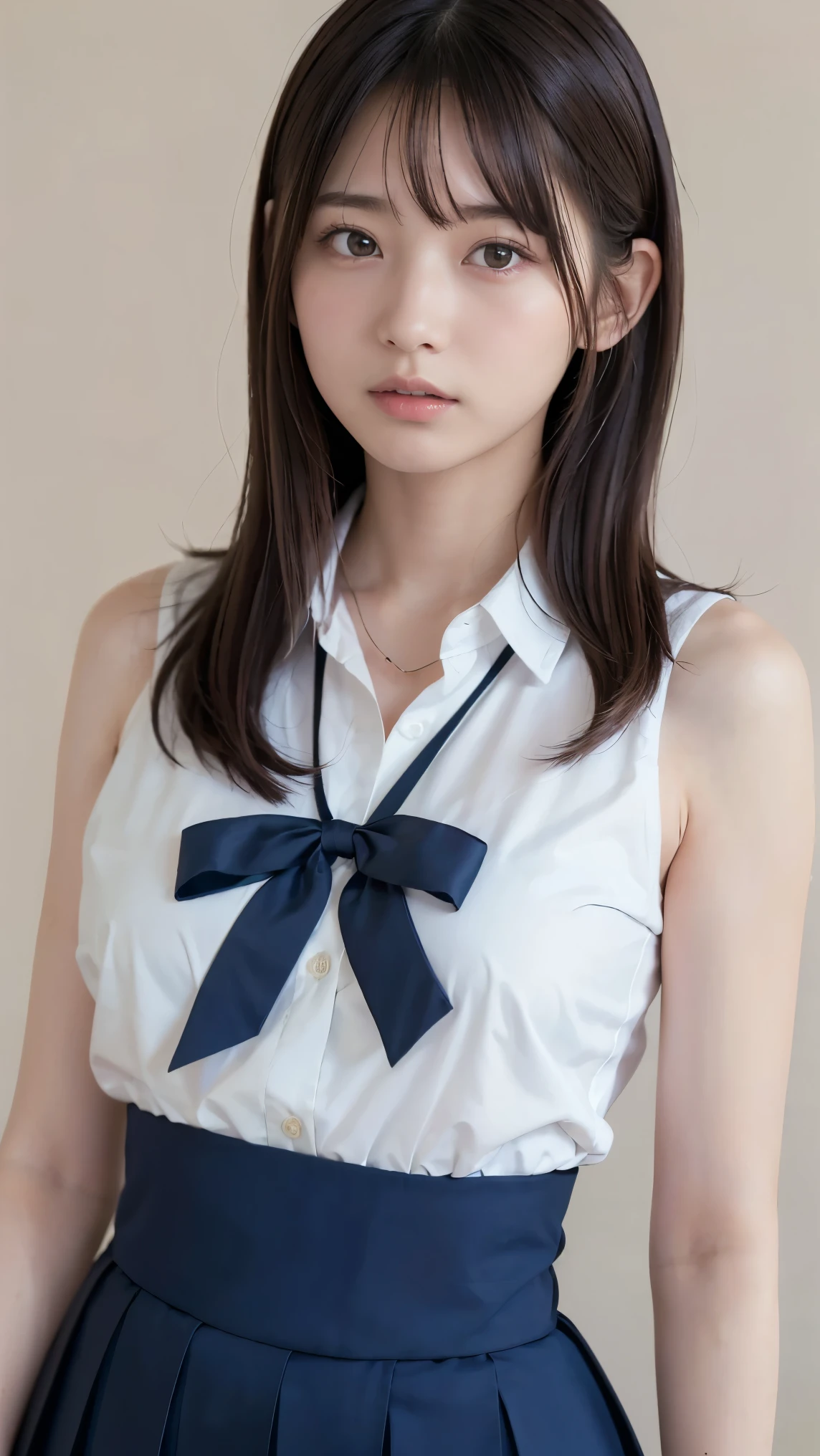 Realistic photo of (1 cute Korean star) ahoge, 32 inch bust size, white shirt, black skirt, standing under the tree, close-up, Nikon, UHD