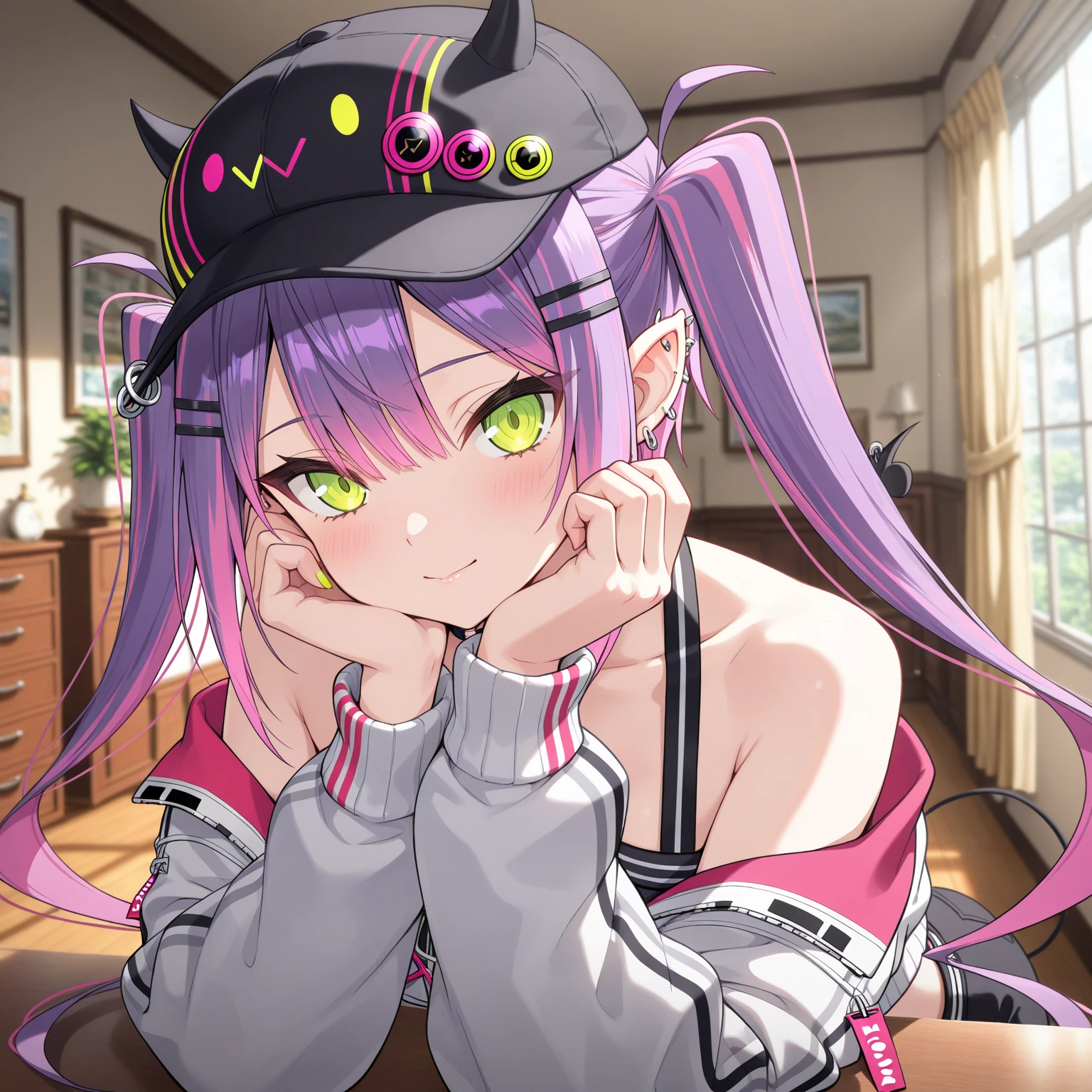 someone else's hand holding a mobile phone、Anime girl with blue eyes sitting at the desk in front of me, ; visual novel, visual novel cg, a hyperrealistic , anime moe art style, Sex, Sex anime style, a teasing smile, Hololive, seductive anime girl, realistic , visual novel, (software) safe for work, Sex style, digital manga、(POV)、((Sexy girl selfie on smartphone))