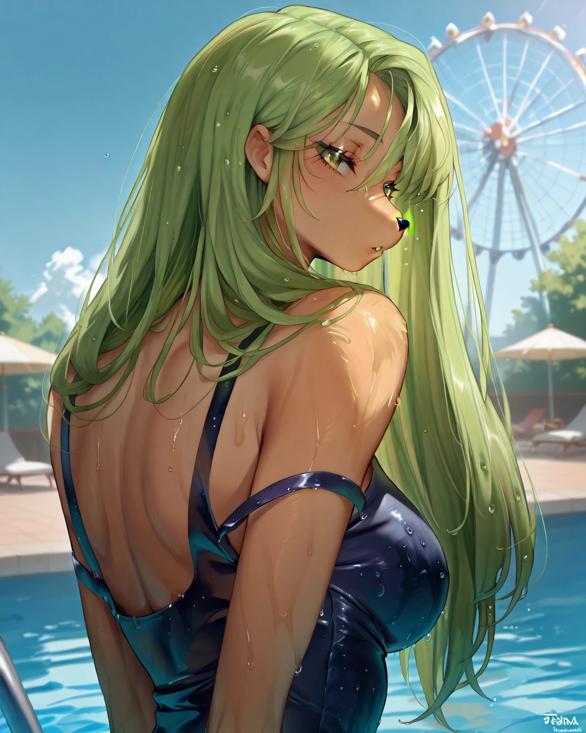 (masterpiece, best quality:1.3), (AS-Adult:1.1),  1girl, pouting, detailed face, detailed hair, cute, hair over one eye, green hair, blue eyes, detailed eyes, crossed arms, twintails, [wet shirt|see through shirt], capri pants, wet hair, standing in pool, half submerged in  water, messy hair,  wet clothes, <lora:HairOverOneEye_LOCO_s:1.27>, <lora:PotatoTweaker_V2_USE_NEGATIVE:-1.5> , solo