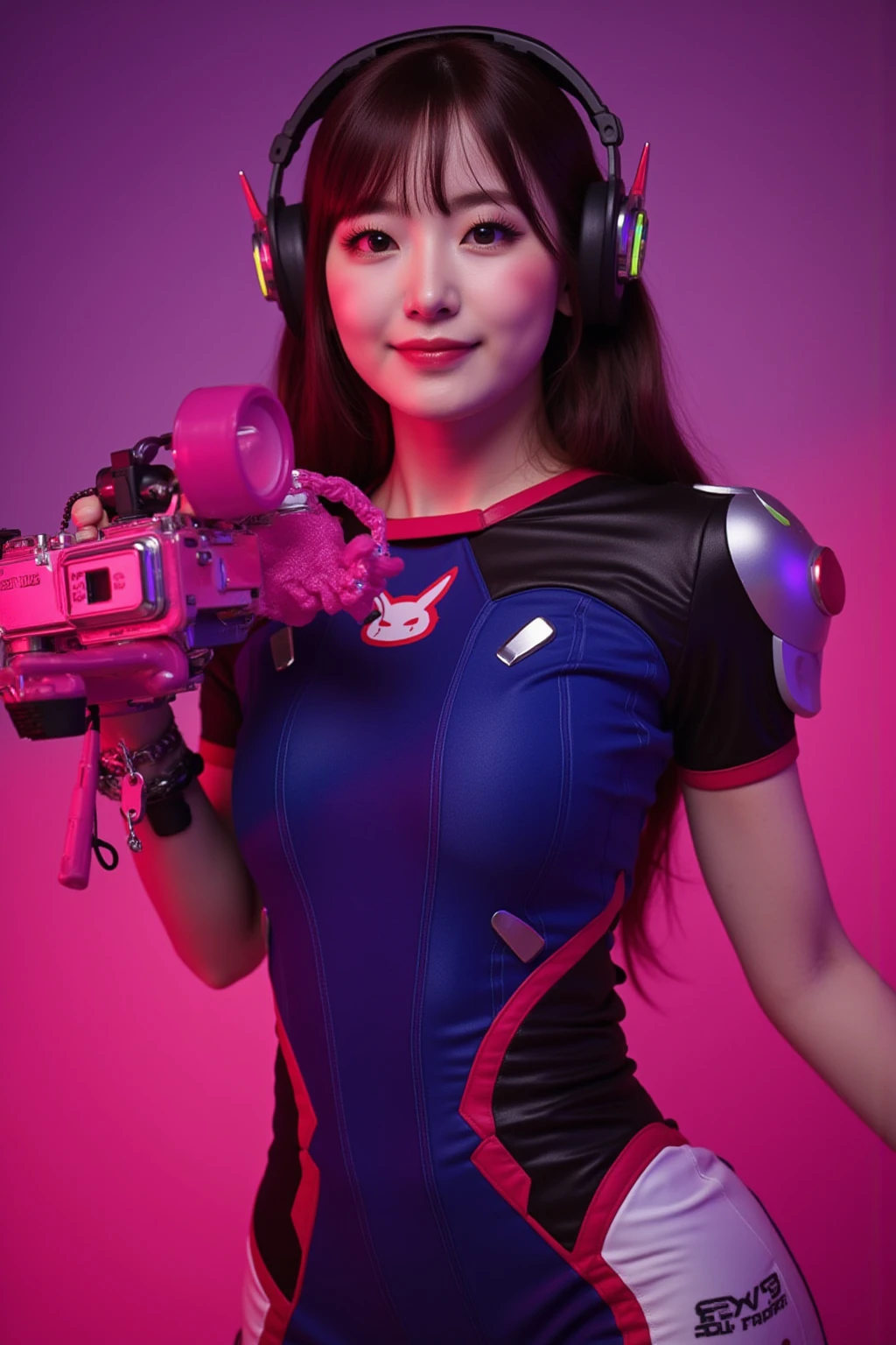 (best quality, masterpiece:1.2, photo realistic:1.4), raw photo, ultra high res, portrait, professional photograph, 8k wallpaper, HDR, perfect artwork, photon mapping, realistic shadow, detailed skin texture, film grain, depth of field, natural shading, (intricate details:1.2), 85mm, f/1.4, ISO 200, 1/160s:0.75, lens flare, sharp picture,
1girl, korean, teenage, smile, pink markings on face, <lora:A_Dva_Cosplay:0.8>, xdva, d.va (overwatch), pilot suit, bodysuit, skin tight, pink headset, gun, holding gun, (cowboy shot:1.2),
gaming arena, gaming competition, Championship, highly detailed background, public, spectators, extremely tall ceiling, <lora:add_detail:1> <lora:koreanDollLikeness_v15:0.3> <lora:nwsjmajic-05:0.1> <lora:public_v3.0-locon:1>
