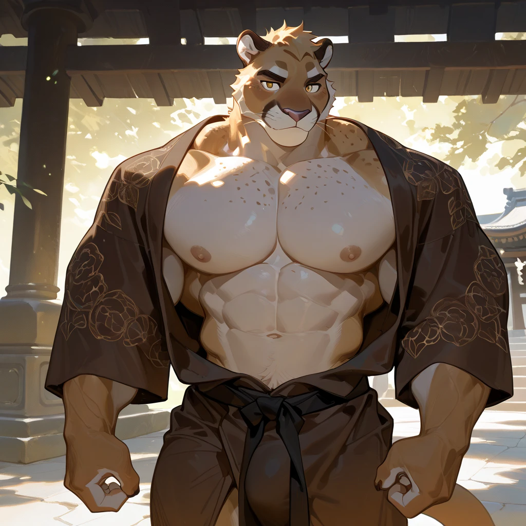 Cat, (((Cat, ophidian, Feline))) Chinese zodiac. Male. Cat. Furry, snake antro), standing, alone, nj5furry, (Cat, huge, huge, young face, teenager, bodybuilder body), Cat, ((extremely realistic shadows, masterpiece, extremely detailed, photorealistic)), kemono, young, teenager, ((16 years old)), firm back, solid back, round buttocks, firm and well-formed buttocks, back, broad shoulders, standing on the back, firm buttocks, round buttocks, well-formed buttocks, solid and very muscular back, feline, Cat, tail, ((detailed face)) nose, yellow eyes, ((detailed eyes)), smile, mischievous smile, mischievous expression, white teeth, mouth slightly open, red tongue, fur, brown fur, brown skin, sexy, height 3 meters high , optimal height, body full of muscles, bulging pectorals, bulging abs, Shaolin monk, Shaolin clothes, Buddha temple, huge and defined abs, V-shaped body, thick waist, long legs, strong arms, manly, attractive face, type of attractive, fresh and calm face with a cold smile. bodybuilder body, topless, huge muscular thighs, bulging biceps, looking at viewer. Unique light source, Sharp shadows, Unique portrait. Cat. brown fur, brown skin. brown fur, brown skin,  brown fur, brown skin, brown fur, brown skin,(penile erection: 1.7),(((ejaculation)))