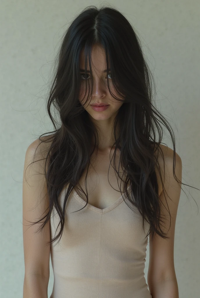 close up on the body of a teen girl with black long hair with bangs wearing a black Low Bodycon Dress, On a clean white background
