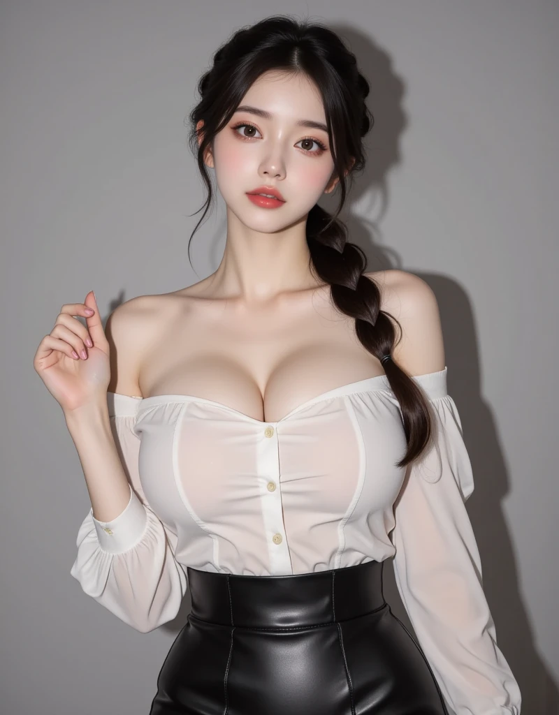 One guy,(8K, RAW photo, Photorealistic:1.25) ,( Gloss on lips, eyeslashes, gloss face, Glossy glossy skin, best qualtiy, 超高分辨率, depth of fields, color difference, Caustics, Wide light, naturalshadow, Kpop idol)Sit at home,big white legs,European style,big assa,huge tit,huge tit,huge tit,Exposed breasts,Dress revealingly,sliver long hair,Raised sexy