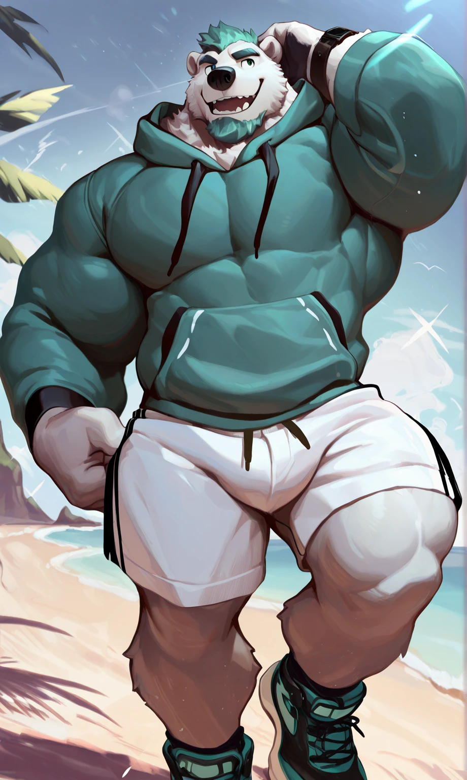 Deer anthropomorphic, male chest, Navel, nipples, full length, press, broad shoulders, muscular, white short beard, short white hair, white chest hair, beach, swimming trunks, One, hairy hands, large bulge at the bottom, 