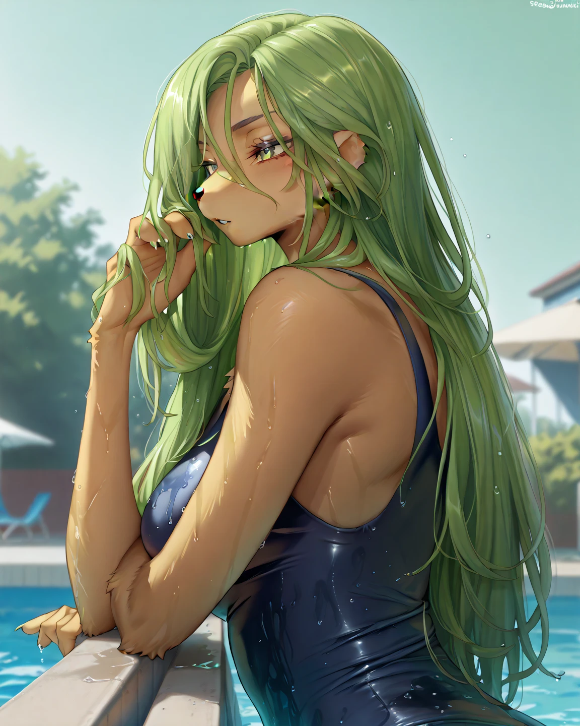 ((Masterpiece)), ((Best Quality)), Illustration, One Girl, Hair color, Bangs, Hairstyle Fax, Portrait from waist up, Nude, Bathing, Women's, Cat ears, Light green long hair, Gray eyes, Hair spread out in the water, Dull bangs, Yawning, Relaxing