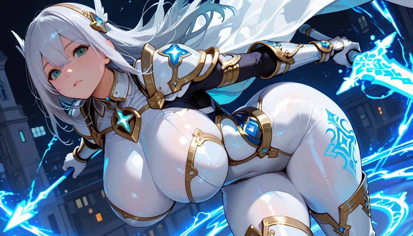 super high image, super detail, super high resolution, best quality, (full body image), ((anime)), (((masterpiece))), , (((sexy woman))), (20years old),(pretty face), (perfect body), (hourglass body shape), ((long white hair)), (beautiful eyes), (bursting breasts), ((gigantic breasts:1.2)), (perfect breasts), (deep cleavage), (sexy), (((gold space military power armor with silver accents))), sexy expression, (((erotic pose))), (thin waist:1.0), (thick hips:1.0), (thick ass:1.0), ((on spaceship)), ((crown))
