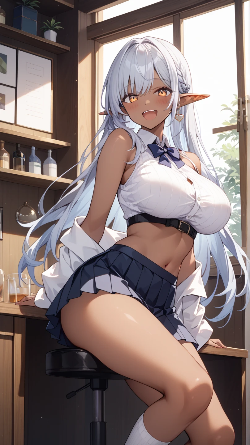 ((masterpiece)), ((Best quality)), (high resolution), (illustration), (an extremely delicate and beautiful), (ultra detailed beautiful face and eyes), nsfw,   1girl, leaning forward,  YukineChris, long hair, purple eyes, twintails, low twintails, ahoge, large breasts,  fishnet pantyhose, red a bow tie,  volumetric lightning, detailed skin texture, detailed, volumetric shadow, anime screencap,Highest quality, Sorceress, ancient babylonian nobility, ((tan skin:1.2)), (brown skin color),Long hair, twin braids, hair ornament, wine colored hair, smile, Below average size breasts, bare shoulders, (underboob:0 Legs apart、Ready your gun?、Arms around chest 8K, masterpiece, Best_quality, high_resolution, ultra_details, detailed, 1girl, 独奏, looking_at_viewer, upper_body, indoors, braid, blurry, bangs, white_hair, blurry_background, collared_shirt, church, hair_ribbon, hair_between_eyes, stained_Glass,sidelocks, depth_of_field, light_particles, window, french_braid, Alphonse Mucha Style, sharp focus, perfect hands, perfect face, perfect eyes, perfect light, dynamic light, natural light, Masterpiece, Best quality, 