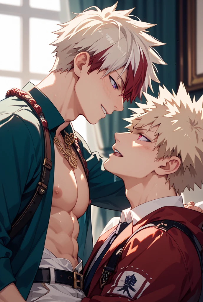 2boys, man in white underwear sitting on a bed with a red blanket, twink, , teen boy, hame pale, mature, muscular young man, smooth red skin, very smooth, anton, teenage boy, dylan cole, white skirt and barechest, well proportioned, cute, blushing, spreading legs, yaoi, touching thigh