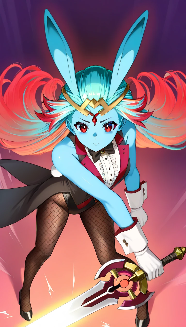 Imagine a full-body, anime-style adult female with a sea-inspired humanoid physique. Her skin is a vibrant blue, evoking the depths of the ocean. (((She has unique fish-like ears that hang down, with the base of the ears matching her blue skin and gradually transitioning to orange at the tips through a gradient))). Her ((((striking ruby-colored hair is styled in a bold, slicked-back manner, with two small strands hanging over her forehead)))), leaving most of her face exposed. The back of her hair reaches her shoulders. (((She wears a minimalist garnet-colored bunny suit, sleeveless, paired with a garnet tailcoat jacket.))) Accessories include a garnet-colored bow tie, a garnet bunny headpiece, garnet cuffs, and plain garnet gloves. Her lower body is clad in garnet high heels and blue fishnet tights that cover from her waist's high-cut area down to her toes, fully enclosing her legs without creating an "absolute territory" look. Her physique is tall and slender, with a B-cup bust and a seductive lower body. (((In her right hand, she firmly grips a Zweihander sword, which gleams sharply))), symbolizing her resolve and intimidation. Her stance is powerful and unwavering, reminiscent of a battlefield conqueror, embodying strength, determination, and authority. The overall scene is rendered in high-quality, high-resolution fantasy art, emphasizing her commanding presence and the fantastical oceanic theme.

