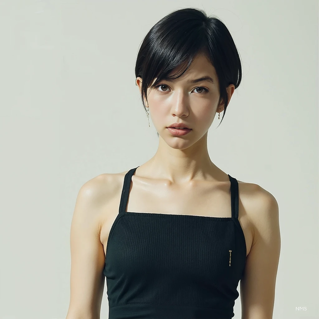 ((Top Quality, 8k, Masterpiece: 1.4)), japanese woman, ((short cut, skinny:1.4)), ((30 years old:1,0)), ((looking at viewer:1.4)), inside bedroom, large breasts, swept bangs, ((competitive white swimsuit:1.2))
