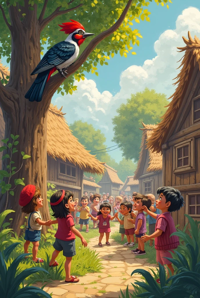 Aryan and Chirpy Beautifying the Village:
Prompt: Aryan and Chirpy are seen working together to transform the village. Chirpy is flying above, showering magical colors from its wings, turning trees into blossoming beauties and adding vibrant touches to the houses and streets. Aryan is helping by arranging flowers and guiding children and villagers, who are all working together. The scene is joyful, full of bright colors, blooming flowers, and a sparkling pond with magical fish.