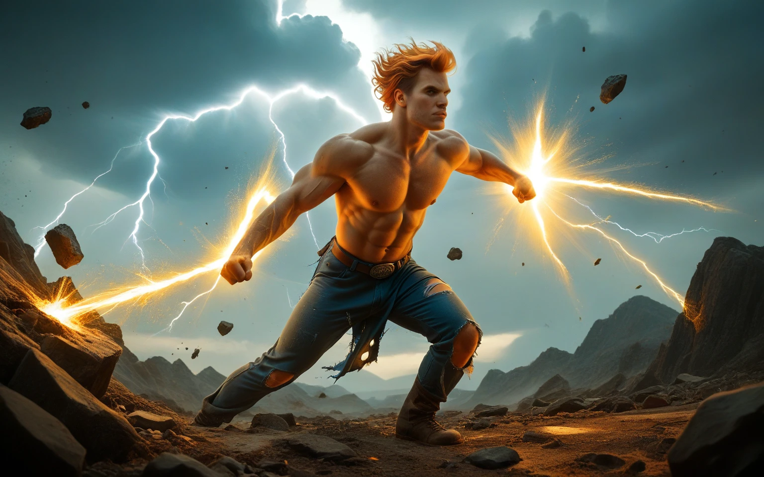 Digital illustration, stylized image Gohan featuring a character with spiky, golden hair standing in a dynamic pose. The character has a muscular build and is wearing a white, open shirt that billows in the wind, revealing a defined chest. The pants are dark and loose-fitting, secured with a belt, and the character is wearing black shoes with blue socks. The background is a vibrant, starry sky with a gradient from blue to yellow, suggesting a celestial or otherworldly setting. The overall color palette is rich and vivid, with a strong emphasis on blues and yellows, creating a dramatic and powerful visual effect, anime, anatomically correct, super detail, high quality, 4K