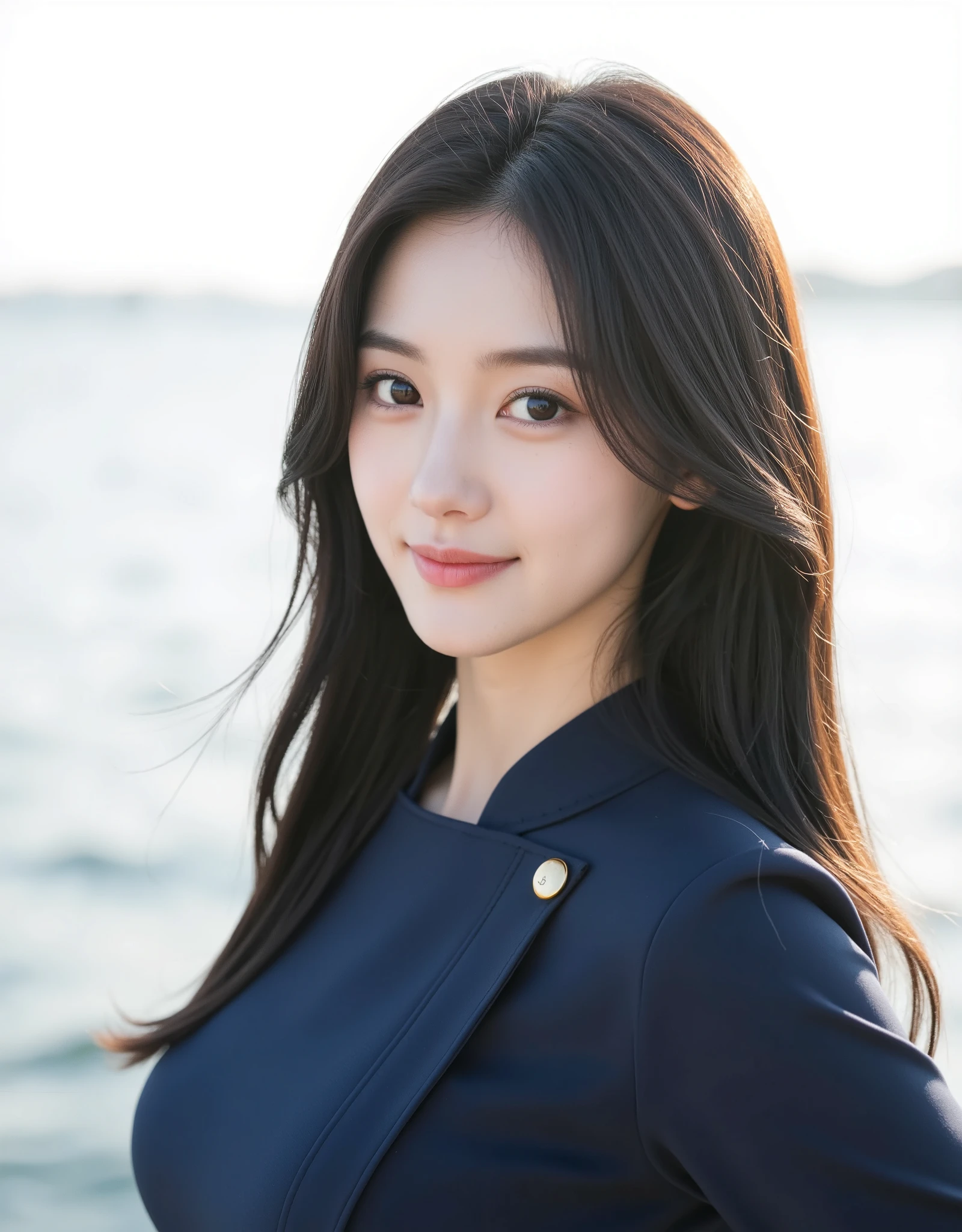 A stunning Japanese woman in her early 30s, with long straight silky black hair, small V-shaped face, large almond-shaped eyes, flawless porcelain skin, glossy pink lips, natural makeup, slightly smiling, wearing a navy blue elegant dress with gold buttons, standing outdoors in front of the sea, soft sunlight, photorealistic, DSLR photo style, Korean-Japanese beauty, graceful and elegant