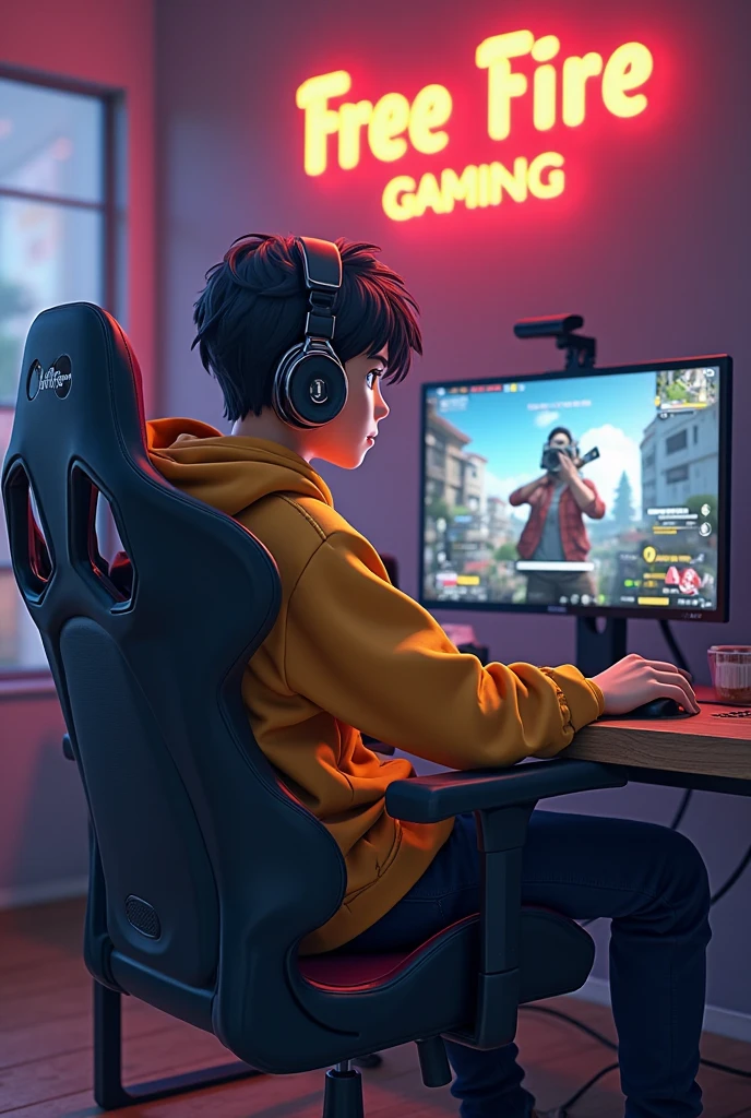 Create A 3D Realistic image of a Boy sitting in gaming room on gaming chair and playing on Free Fire application on his pc. The girl must wear dark orang hoodie headphones And his name "Annu Gaming" is Written on the wall with orange colour neon light.