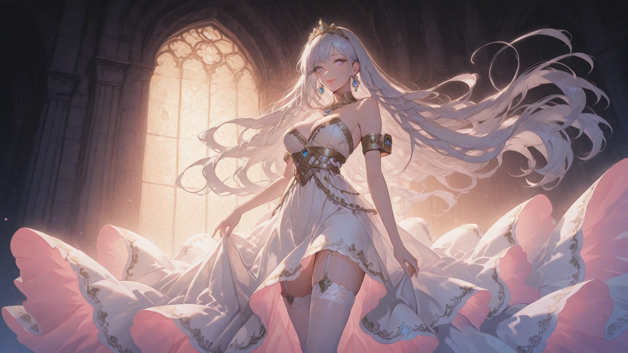 (8K, Best quality, tmasterpiece:1.2),\(eye detailed\),\(Facial features\),(\(Clothes detail details\)\),(large breasts),full bodyesbian,(Facial focus) ,Very detailed CG unity 8K wallpaper,hugefilesize,ultra - detailed,A high resolution,absurderes,beautidful eyes,Ray traching,dramatic shadow,finely detailled,Dramatic angles,Hyper-detailing,(1 girl:1.3),(Solo),Platinum blonde hair,Shoulder-length hair,Orange-red eyes,high detailed pupils,(A yellow halo hanging overhead:1.3)+(//There are two pairs of angel wings on the back，The shape of the wings resembles the wings of a swan：1.3//),(White evening dress in Greek costume design style：1.4),Bare feet,(atheletic body:1.2),(standing on white cloud，catwalk:1.2)+(White Paradise,Houses and fences full of Western classical architectural designs:1.3)+[(Inception:1.2)]