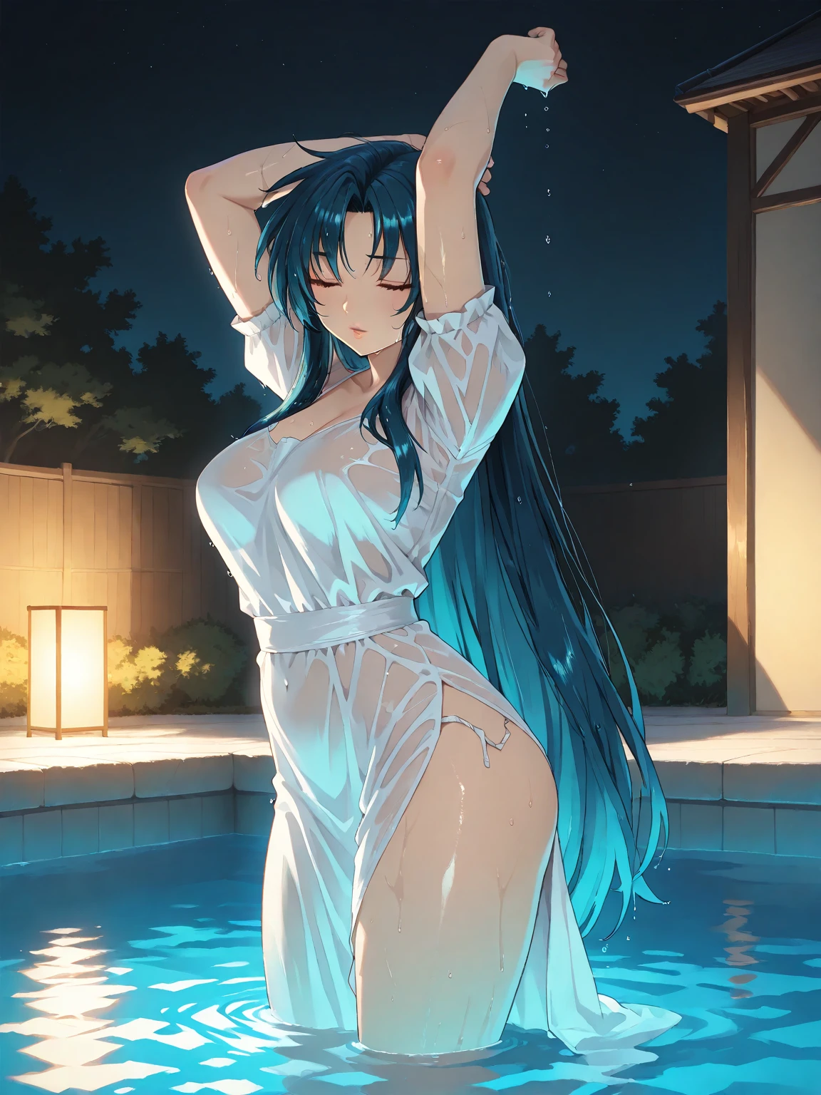 (highest quality, 8K, 32K, masterpiece, UHD: 1.3), 1 female, (Oversized: 1.3), perfect figure,, (attractive), (Sheer skin)) 、((((Transparent see-through dress))))、see-through dresses、lace sheer dress、Transparent dress、Sheer skin、Transparent dressを着た美しい裸の女性、solo、best style、big breasts、The most beautiful in the world、unparalleled beauty、long hair、 ((blue bathhouse)),、Blue lighting. concept art stunning atmosphere, blue atmosphere, beautiful concept art, Dark Majestic gorgeous public bath,、(blue water辺、blue water)、blue stone、blue stone、blue reflection、Cyan color、get wet in blue water、Blue light、blue flower、Blue roses、Blue World、Expressive、sexy pose、sexy design、nipple