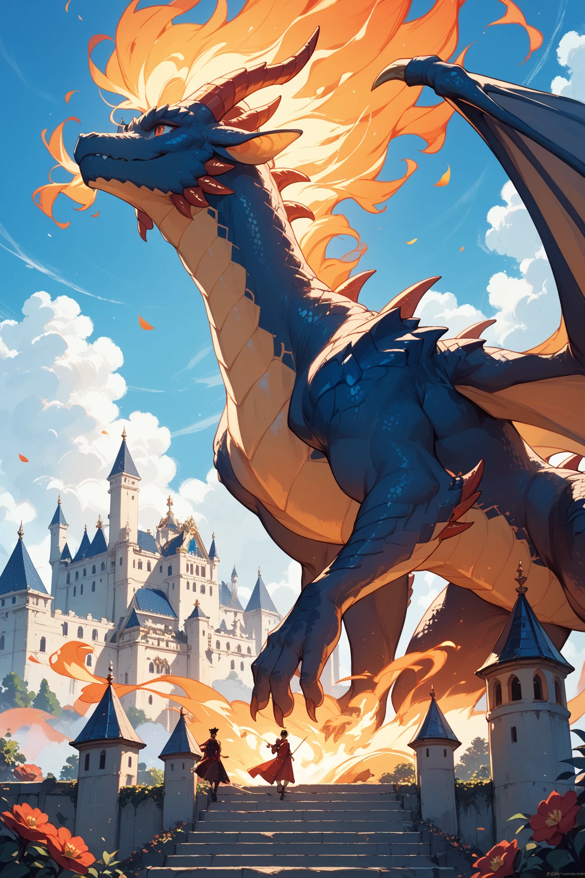 A majestic dragon soaring above a medieval castle nestled in a lush, green valley.
An eye-level view from the castle courtyard, looking up at the dragon in the sky.
Fantasy-themed, with detailed and intricate designs, vibrant colors, and a dramatic, epic feel.