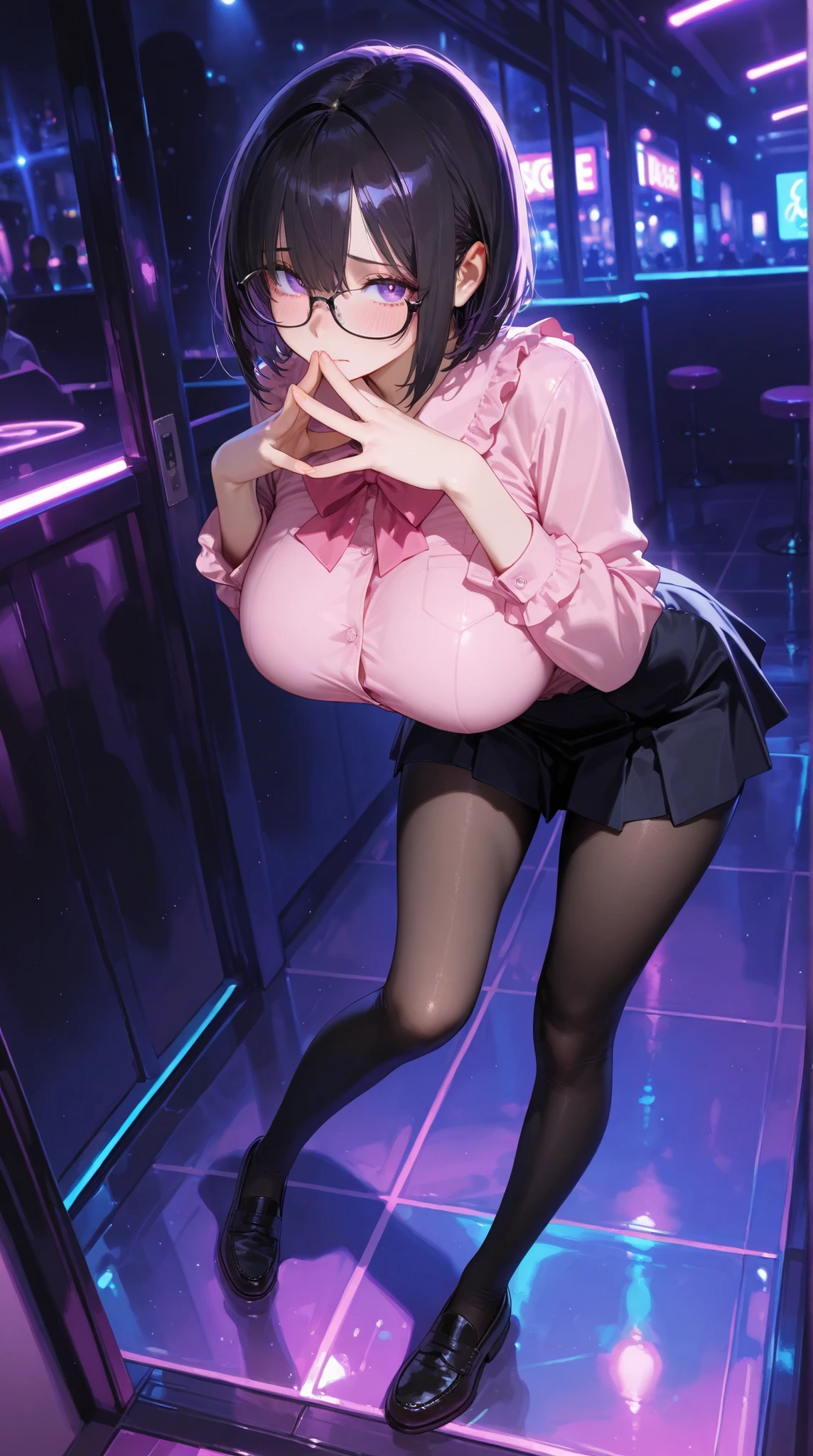 {masterpiece, best quality, ultra detailed, high resolution, realistic}, nsfw, 1 adult woman, 30-year-old, (makeup:1.1), (secretary), tall height, glasses, straight purple hair up, huge breasts, show off nipple, collar, curvy body, Sweaty skin, (breast milk:1.3), squatting, leaning forward, solo masturbation, vibrator, (pussy juice:1.4), open legs wide, looking at viewer, pov, heart-shaped pupils, cowboy shot, open mouth:1.3, tongue out:1.3, orgasm, (trembling:1.4), (drool:1.4), (blushing:1.4), breath