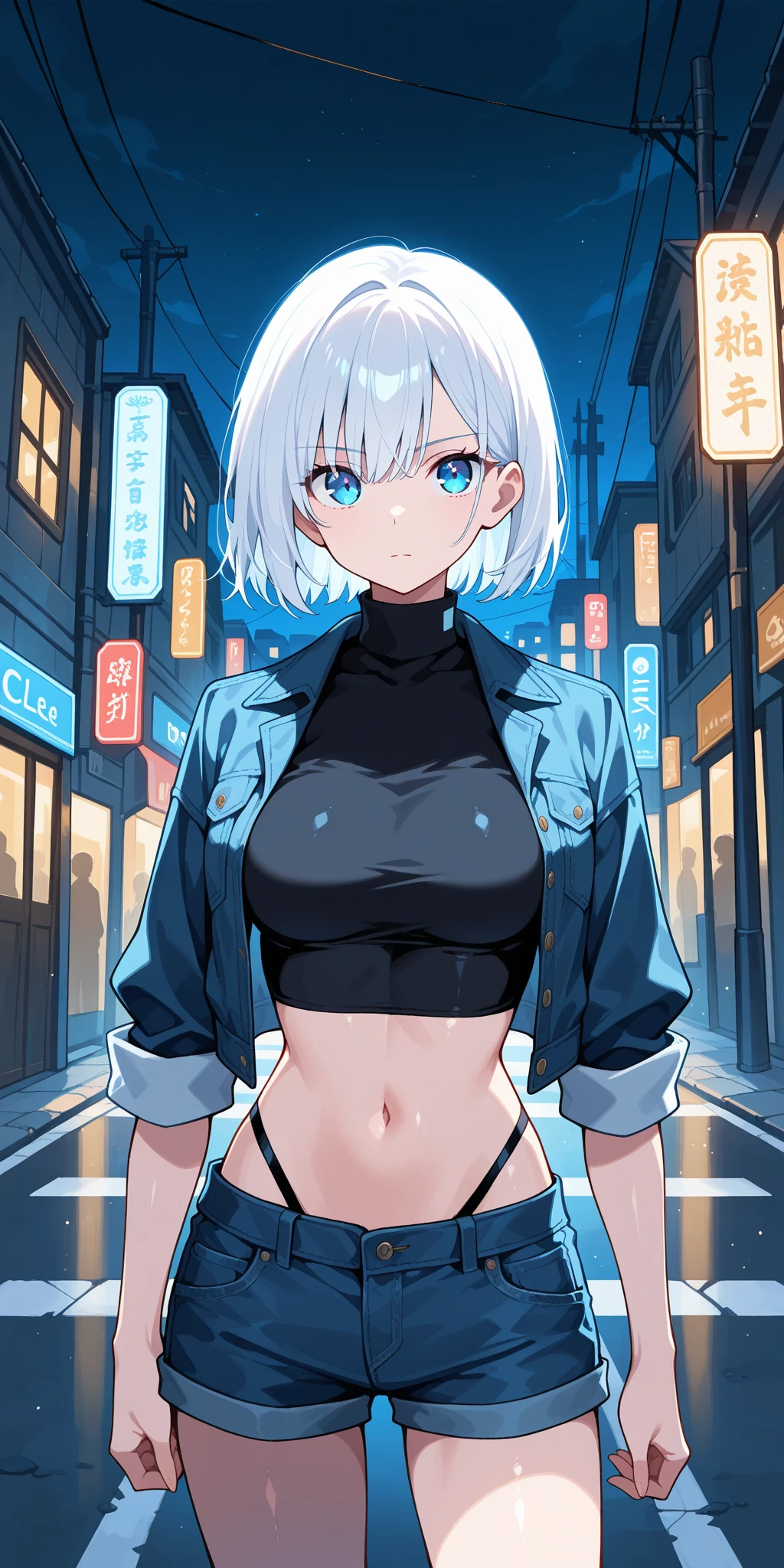 Best Quality, 1girl, 18 years old, Tall Girl, White Bob Cut Hair, Standing Straight, Medium Boobs, Side Boob, Beautiful Face, Lips, Nose, Face Focus, Beautiful Light Blue Eyes, Wearing Basic White Cropped Tank Top, White Pleated Cheer Skirt, Pierced Earrings, Beautiful Necklace, Urban City Background, High Resolution, Best Quality, 8k, Ultrasharp, High Quality