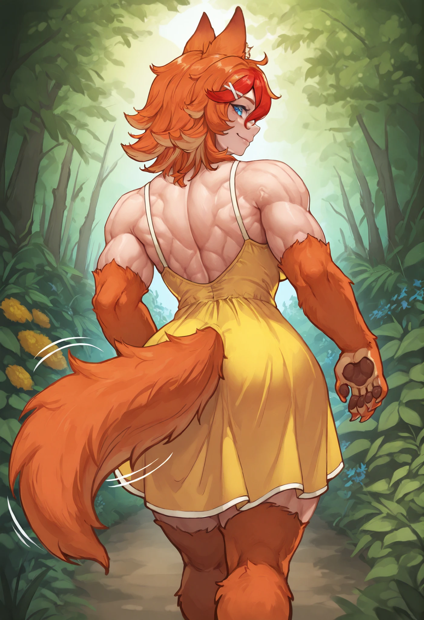 masterpiece, best quality, 1girl, solo, ChamBuPu, blue eyes, multicolored hair, medium hair, animal ears, x hair ornament, animal hands, tail, animal feet, muscular female, yellow sundress, sleeveless, outdoors, nature, garden, from behind, looking back, tail wagging, motion lines, smile,