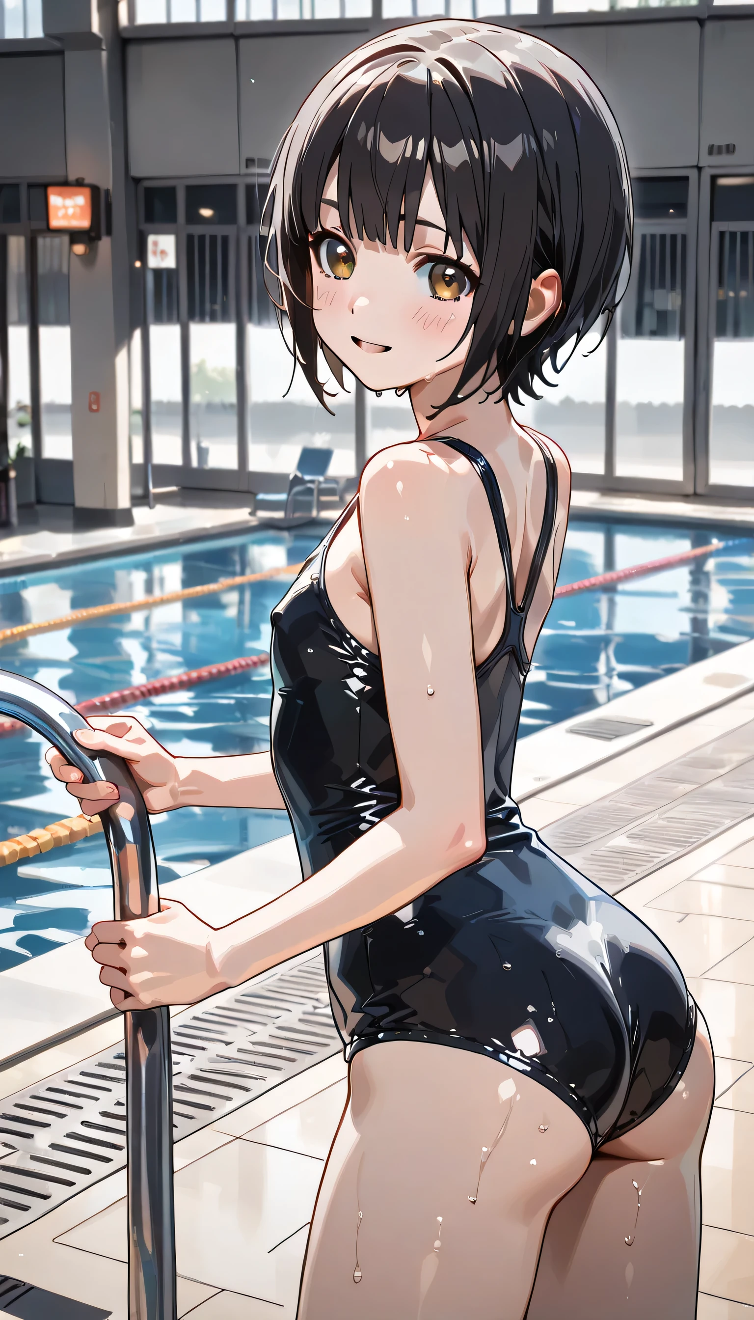 1 girl, watery big eyes*Su Jiushui*Wet hair*hair open*ear studs*swimmingpool>,, Low RA:Add to_the detail:1,One-piece swimsuit,