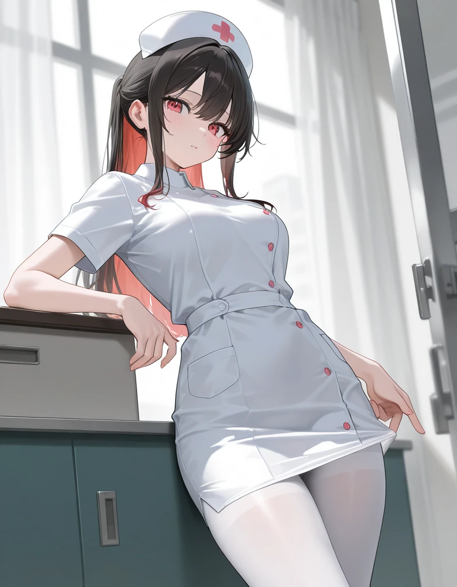 1girl, solo, nurse, nurse cap, white wear, ((white legwear, zettai ryouiki)), white gloves, pink hair, drooping eyes, ((covered nose)), standing, ((hospital room)), sharp outline, short sleeves, best quality, masterpiece,Fleshy,Brown eyes,Fleshy,Black hair,happy,lol,Heart,belt,Black clothes,Exposing underwear,Black lingerie,miniskirt