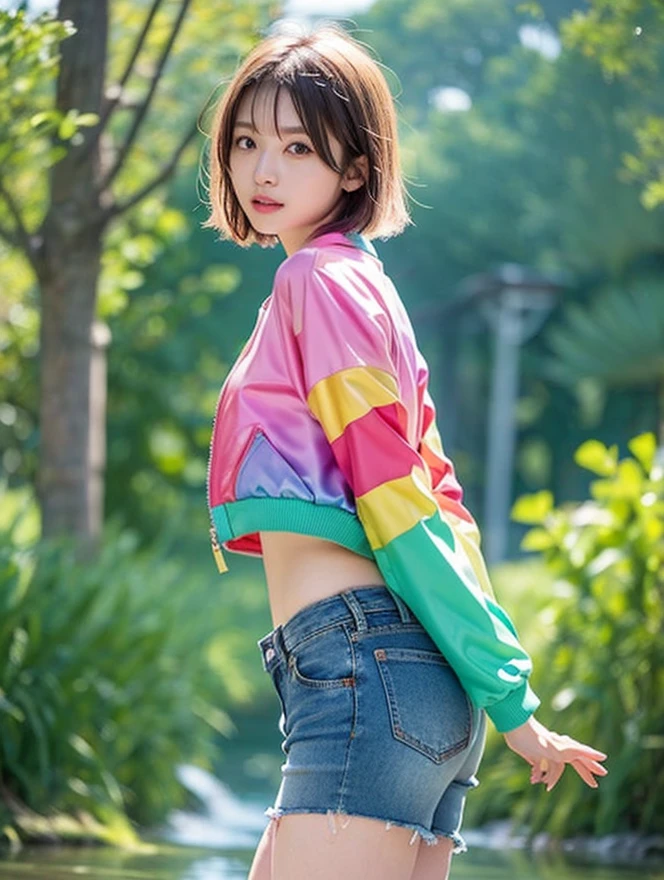 Asia girl 18 year old, blond pink sleek pixie short hairstyles, wearing oversized rainbow jacket bomber m1, shorts blue jeans, water splashed on background