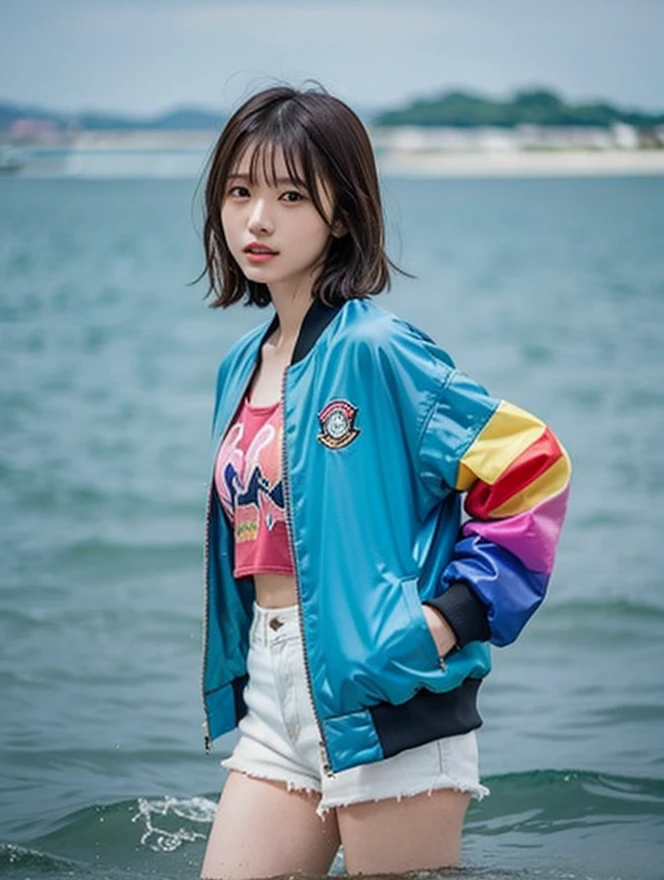 Asia girl 18 year old, blond pink sleek pixie short hairstyles, wearing oversized rainbow jacket bomber m1, shorts blue jeans, water splashed on background