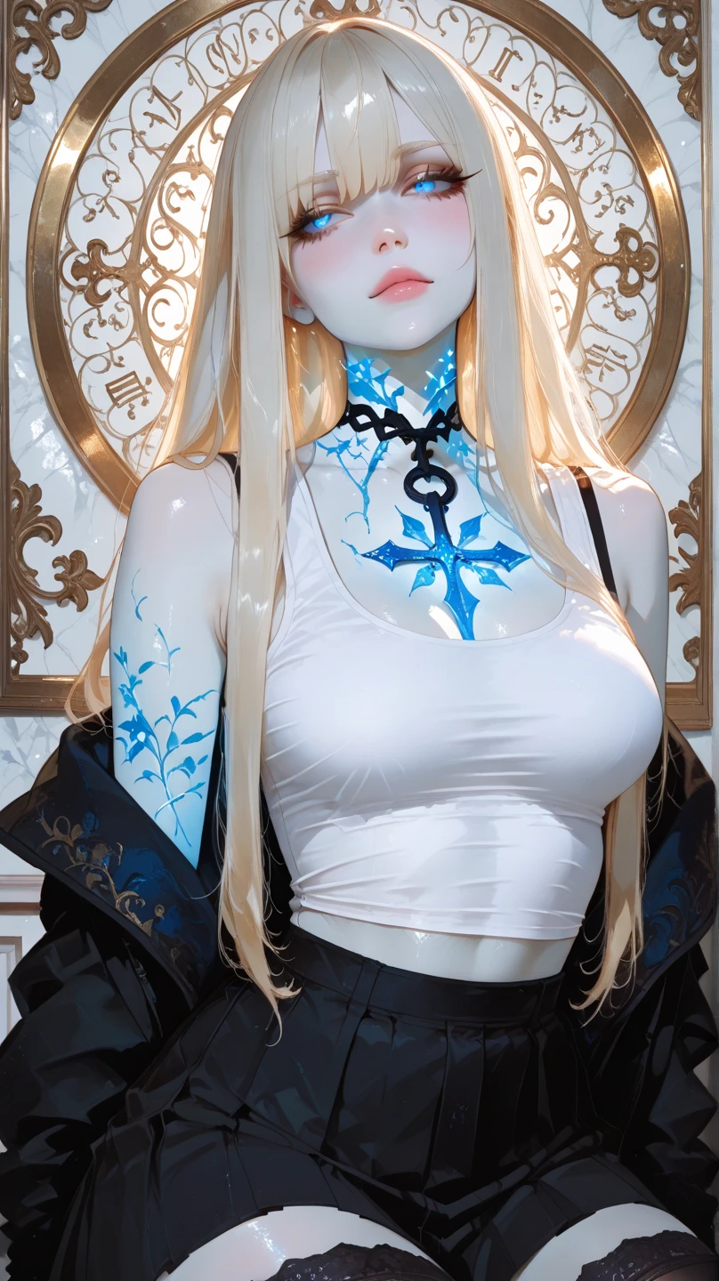 1 girl, detailed blue eyes, lange wimpern, detailed beautiful face, (very Long blonde hair:1.4), festgebunden, (arms behind back:1.6), gefesselte Arme, (blushing:1.3), (Big boobs:1.1), OTN, White OTN gag, Gag, gagged, shibari over clothes, (black skirt, White Bikini top:1.4), in her knees in a beach Club, knieend, tied gag, nah aufnahmen, (Chain leash, collar, Viewer Holding leash:1.4)
