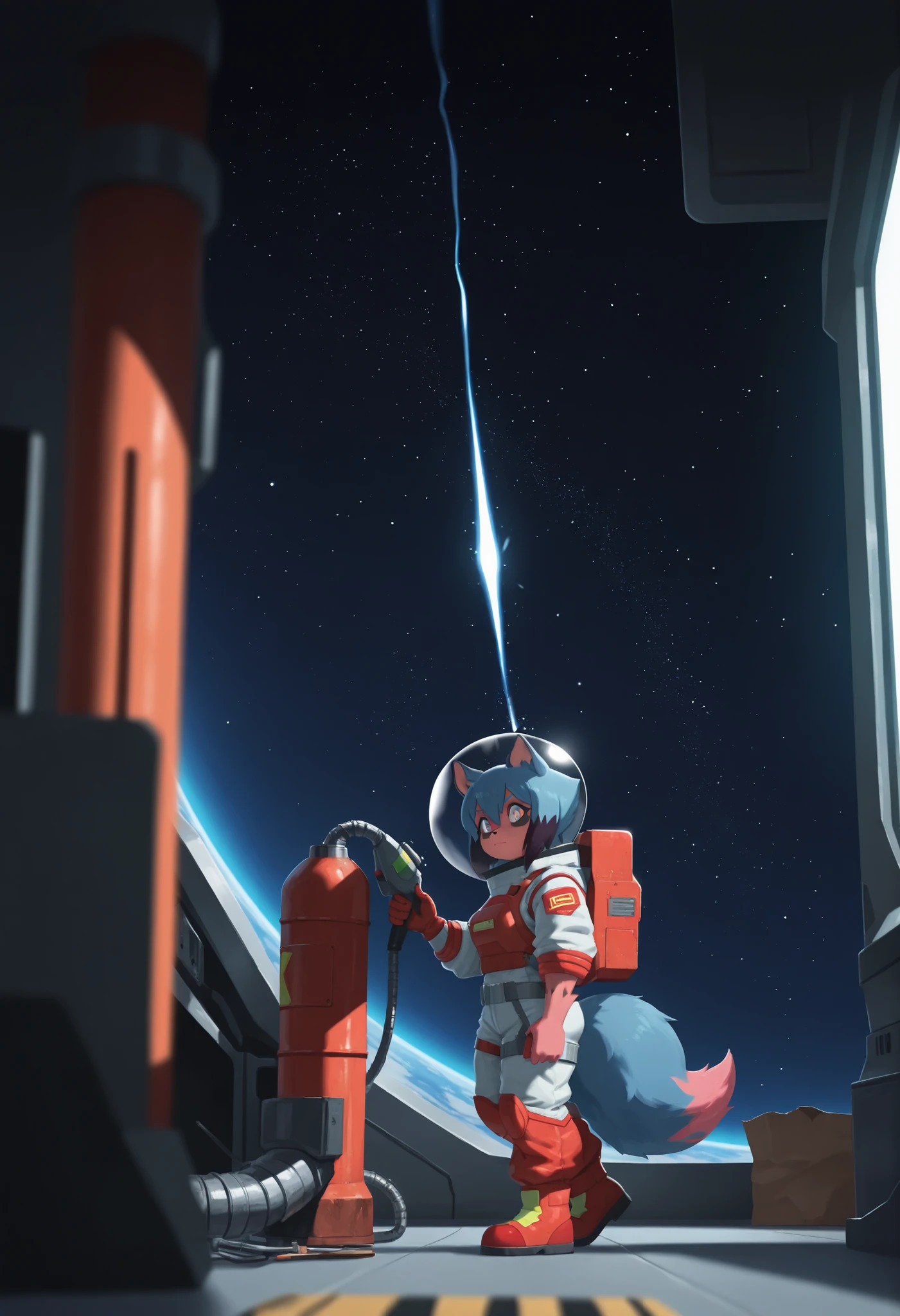 View from a distant of a grey cat with brown hair facing away from the viewer, wearing a red spacesuit and looking out a massive spaceship window at a detailed planet in the far distant, by bebebebebe, ((by buta99))