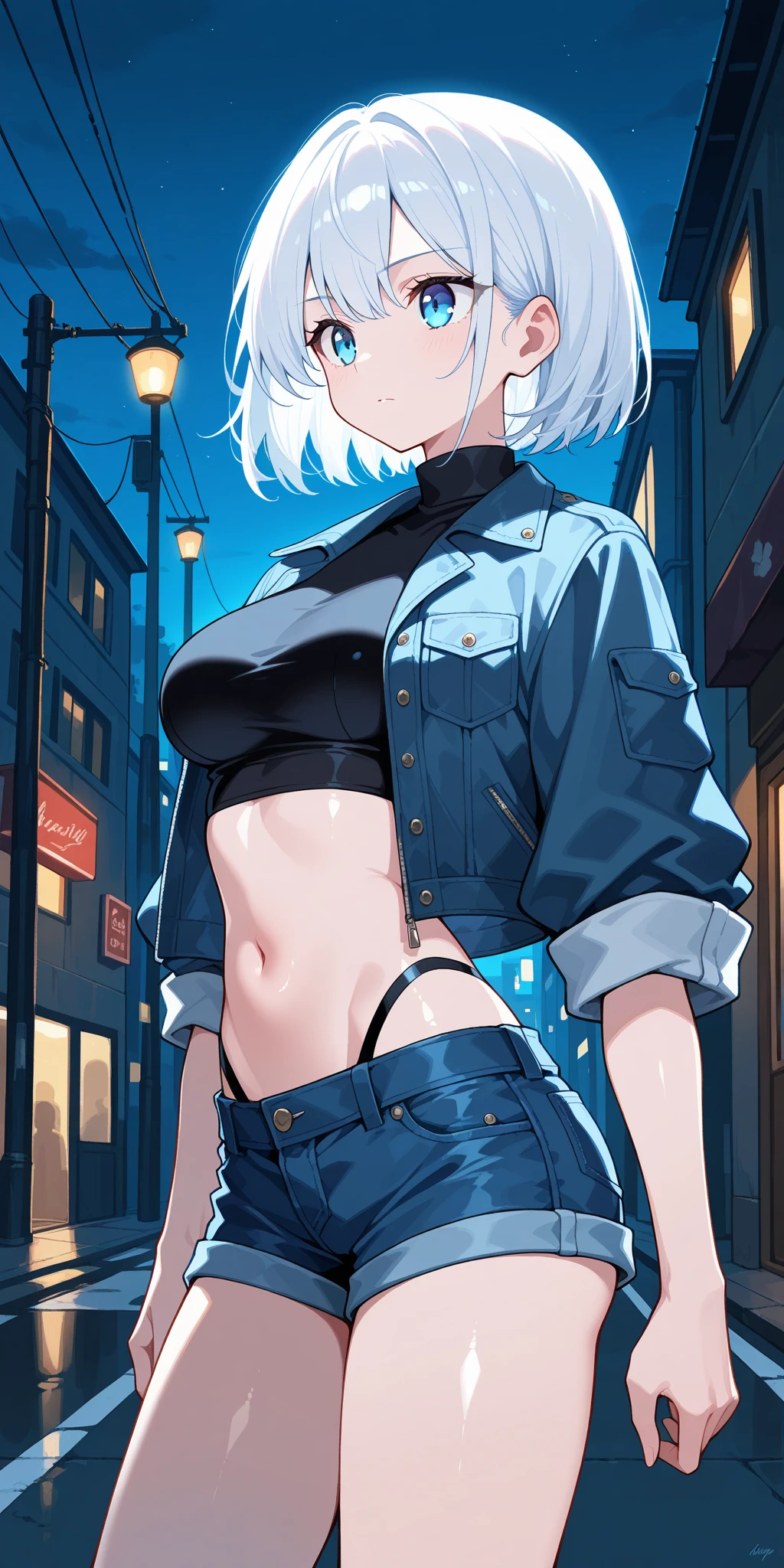 1girl, , slim, small breasts, white hair, hairs between eyes, shoulder length hair, pale skin, (bright red eye:1.3), white duffle coat and long-sleeve black sweater, open jacket, jeans, gold pocket watches hanging from the neck, BREAK kawaii, smile, cowboy shot, pose, cyberpunk, night city, neon light, light particle, BREAK smooth skin, cinematic lighting, volumetric shadow, BREAK score_9, score_8_up, score_7_up,