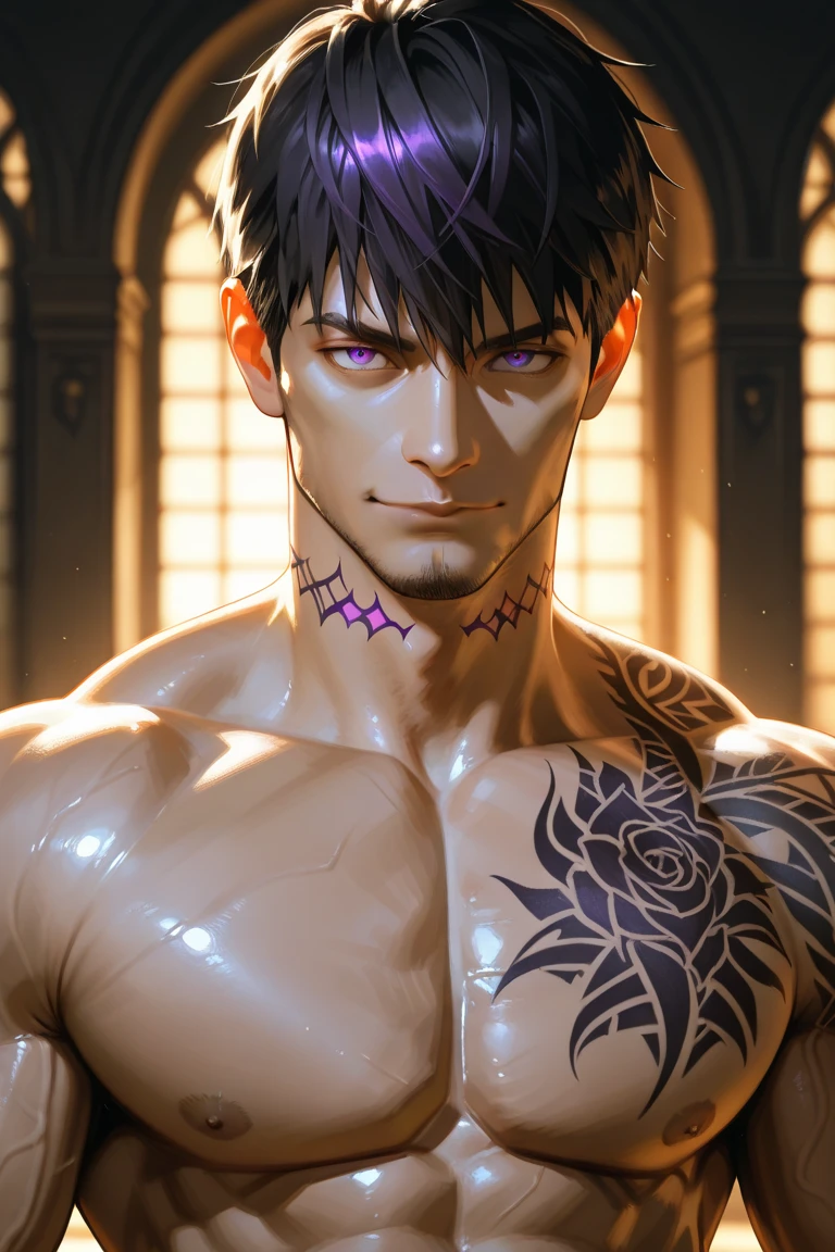 masterpiece, best quality, ultra-detailed, texture, detail eyes,8k, 1boy, Sukuna, a man with pink hair and shirtless, tattoo_ryoumen, tattoo_on_his_face, tattoo on body, looking at viewer, abs, detailed eyes, detailed face, (masterpiece:1.4),(best quality:1.4),(shiny skin),realistic, bright, neon lights, night, midnight, city, cyberpunk, light ,