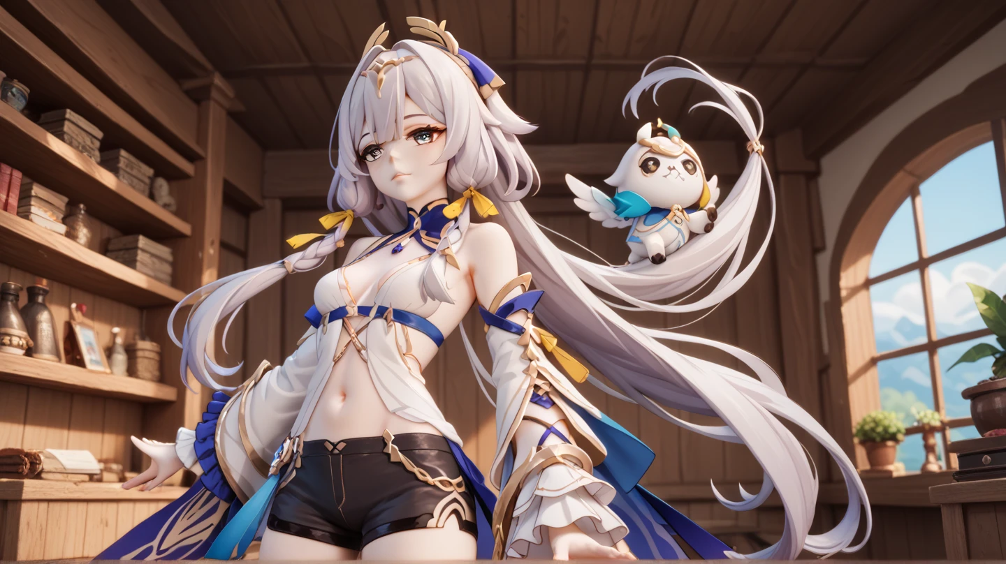 Score_9,Score_8,Score_7,
Sera(honkai 3rd),
brown eyes,yellow eyes,very long hair,
Low-tied sidelocks,gray hailack shorts,
Long sleves,detached sleeveses,
pantu peel,topless,
Wooden jouse background,