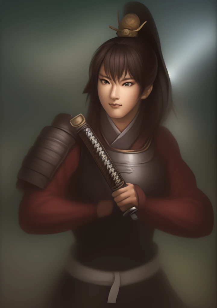1girl, sozinho, Roupas japonesas, short hair, arma, espada, olhos castanhos, Olhando para o Viewer, quimono, brown hair, lips, hand on hip, bainha, sorrir, Katana, cabelos pretos, parte superior do corpo, boca fechada, Embainhados, Hand up