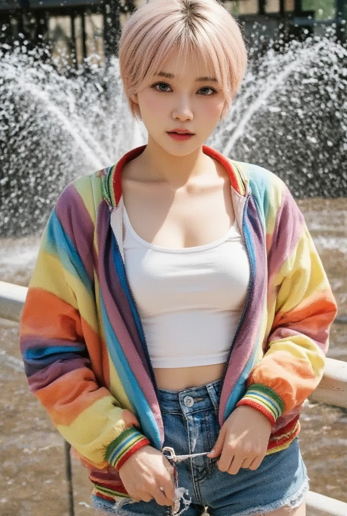 Asia girl 18 year old, blond pink sleek pixie short hairstyles, wearing oversized rainbow jacket bomber m1, shorts blue jeans, water splashed on background