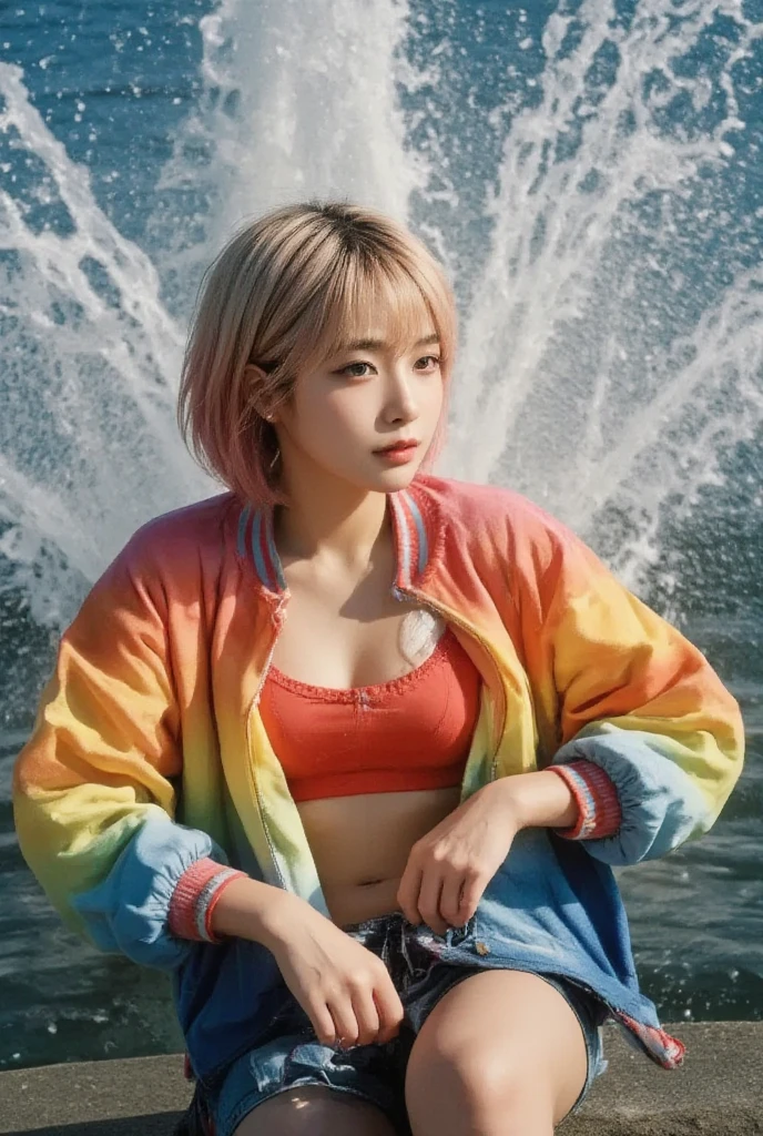 Asia girl 18 year old, blond pink sleek pixie short hairstyles, wearing oversized rainbow jacket bomber m1, shorts blue jeans, water splashed on background