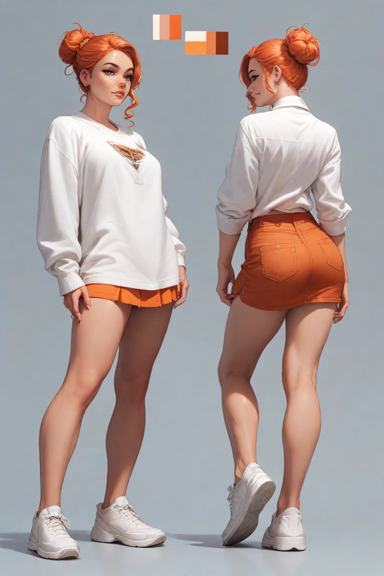 ((masterpiece)),(((Highest quality))),((Character design sheet)), Thin thighs,Long legs,18 year old Japanese girl, Cute type,The best smile:1.5,white long hoodie:1.5, Black panties in full view 1.5,Very short hair , (Highly detailed skin), The background is gray,Tuck up your clothes:1.5,Wearing a hood:1.5,