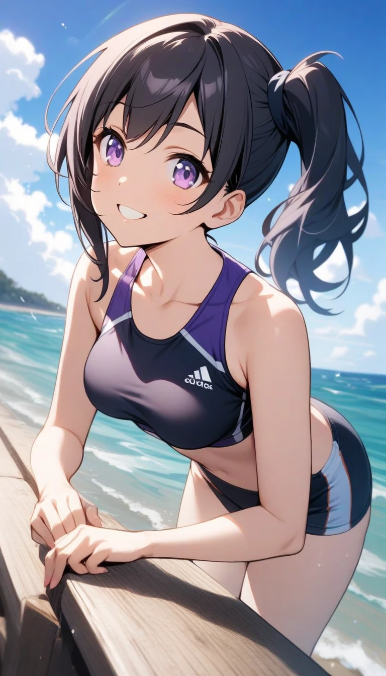 32k, best quality, ultra high res, HDR, UHD, extremely detailed CG, unity 32k wallpaper, 18 year old girl, 1 person, Purple eyes, Black competitive swimsuit, Beach, Long black hair, medium breasts, Embarrassing, 